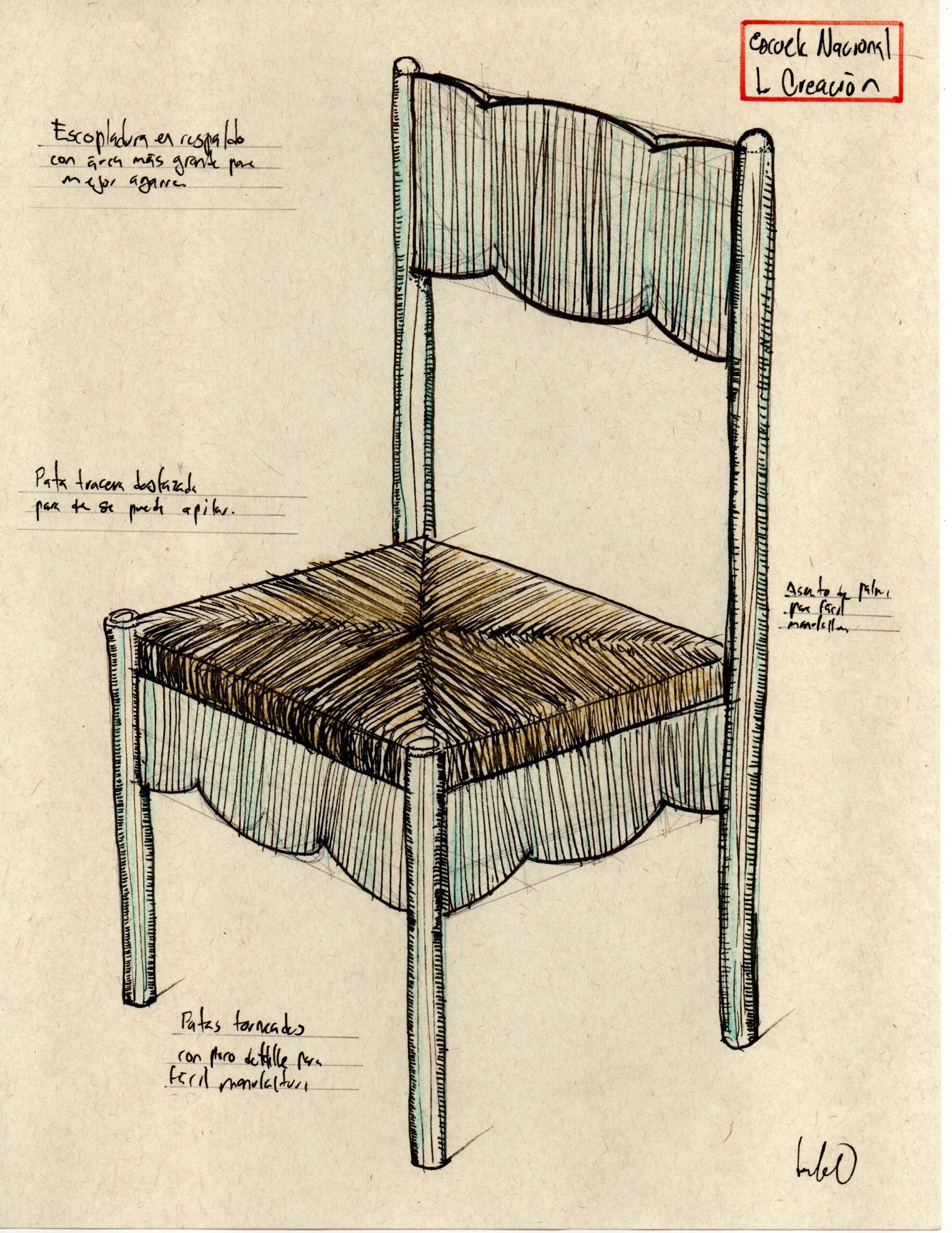 A sketch of a wooden chair featuring a scalloped backrest and a woven straw seat. The legs are straight and detailed with notes written in Spanish, describing the chair's design. The background is a textured beige paper, enhancing the artistic appearance of the drawing.
