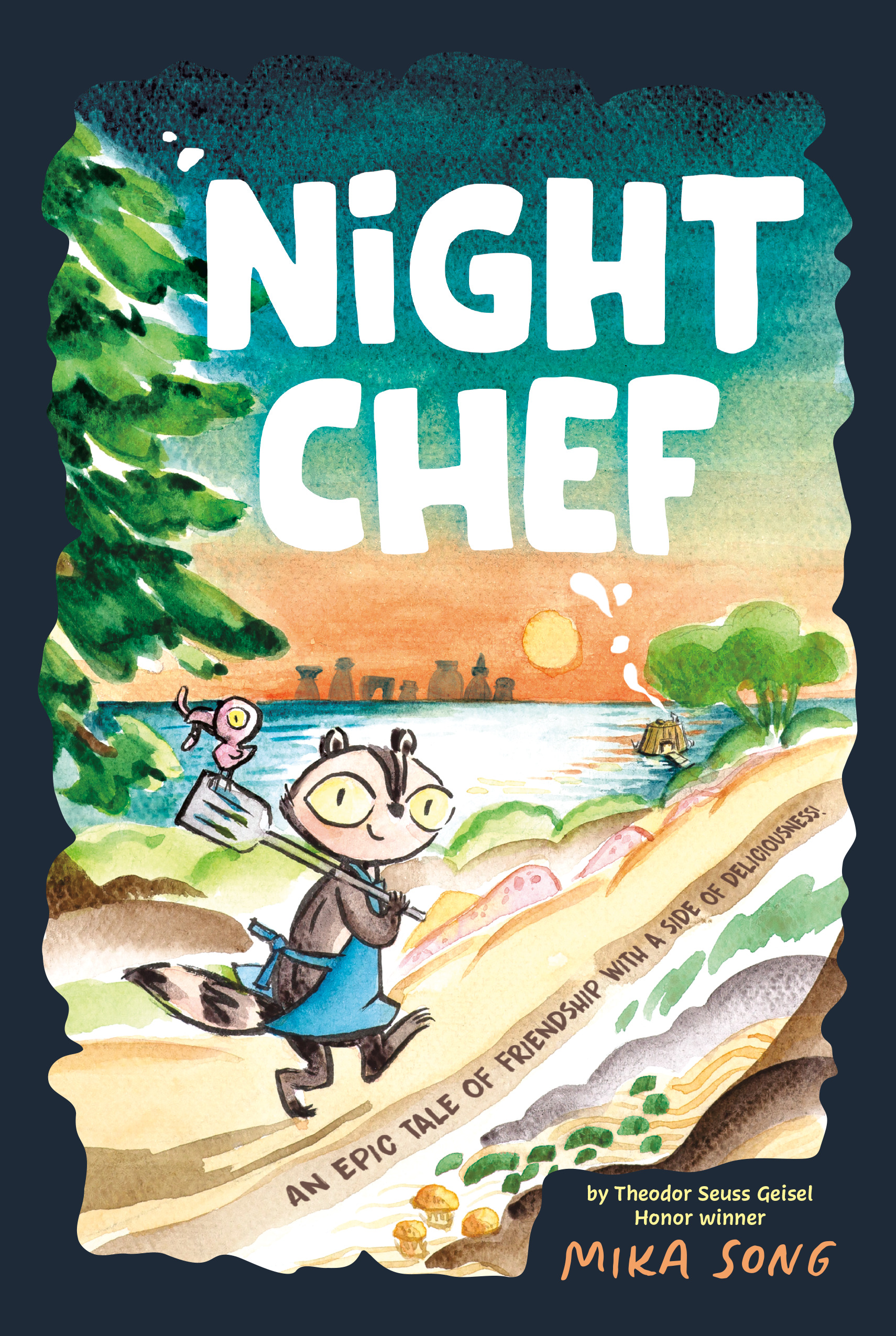 The image shows a colorful book cover titled Night Chef featuring an illustrated raccoon character holding a spatula. The raccoon has large glasses and a friendly expression, dressed in a blue apron. In the background, a sunset is visible over a lake with trees on the left and a small boat on the water. The subtitle reads An epic tale of friendship with a side of deliciousness and the author's name, Mika Song, appears at the bottom.