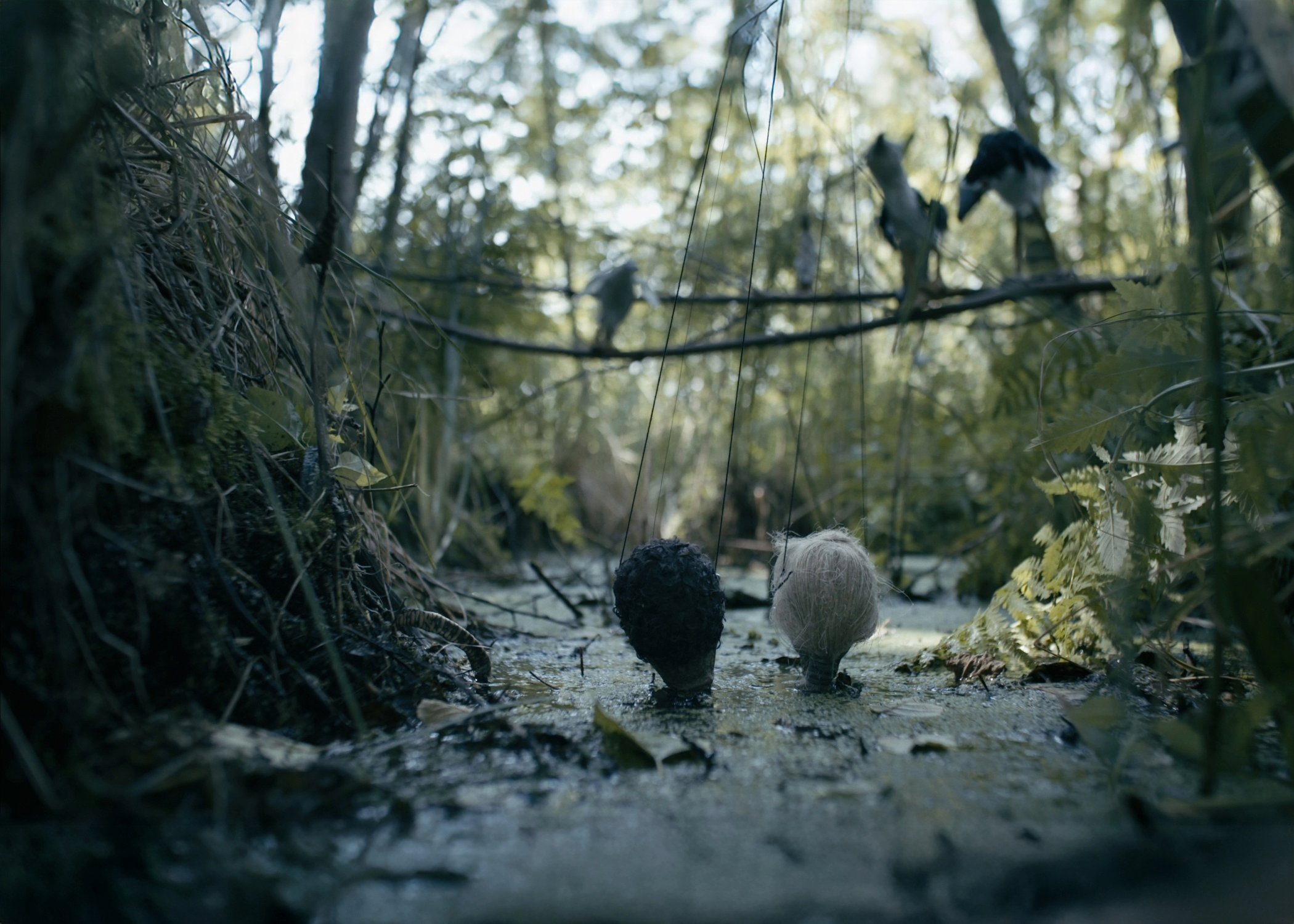 Two small abstract figures, one dark and textured, the other light and fuzzy, stand in a murky, wet environment. They are partially submerged in water surrounded by greenery, including ferns and reeds. In the background, faint silhouettes of birds can be seen perched on a branch above.