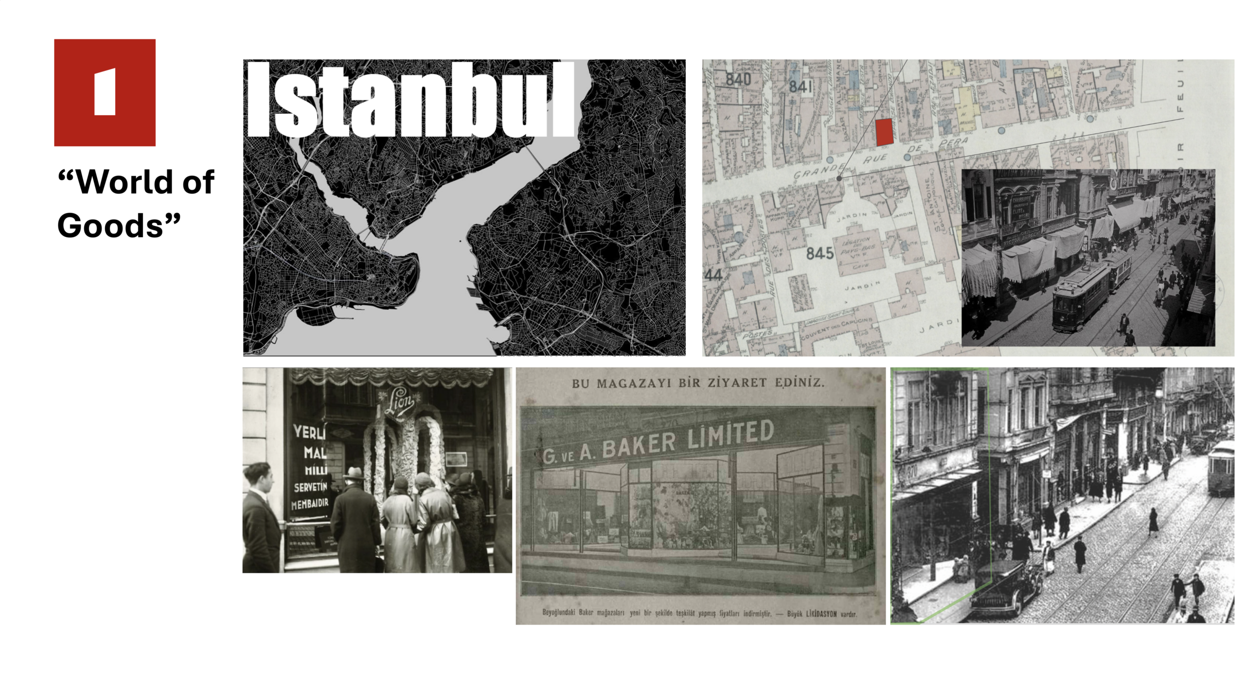 A collage featuring a map of Istanbul, labeled with prominent streets and areas. The top left shows a detailed black and white map layout. Below, a historical photo displays people viewing a shop window adorned with flowers. Next, an old advertisement for "G. ve A. Baker Limited" is visible, along with a black and white image of a street bustling with a tram and pedestrians. The composition conveys a historical context related to commerce in Istanbul.