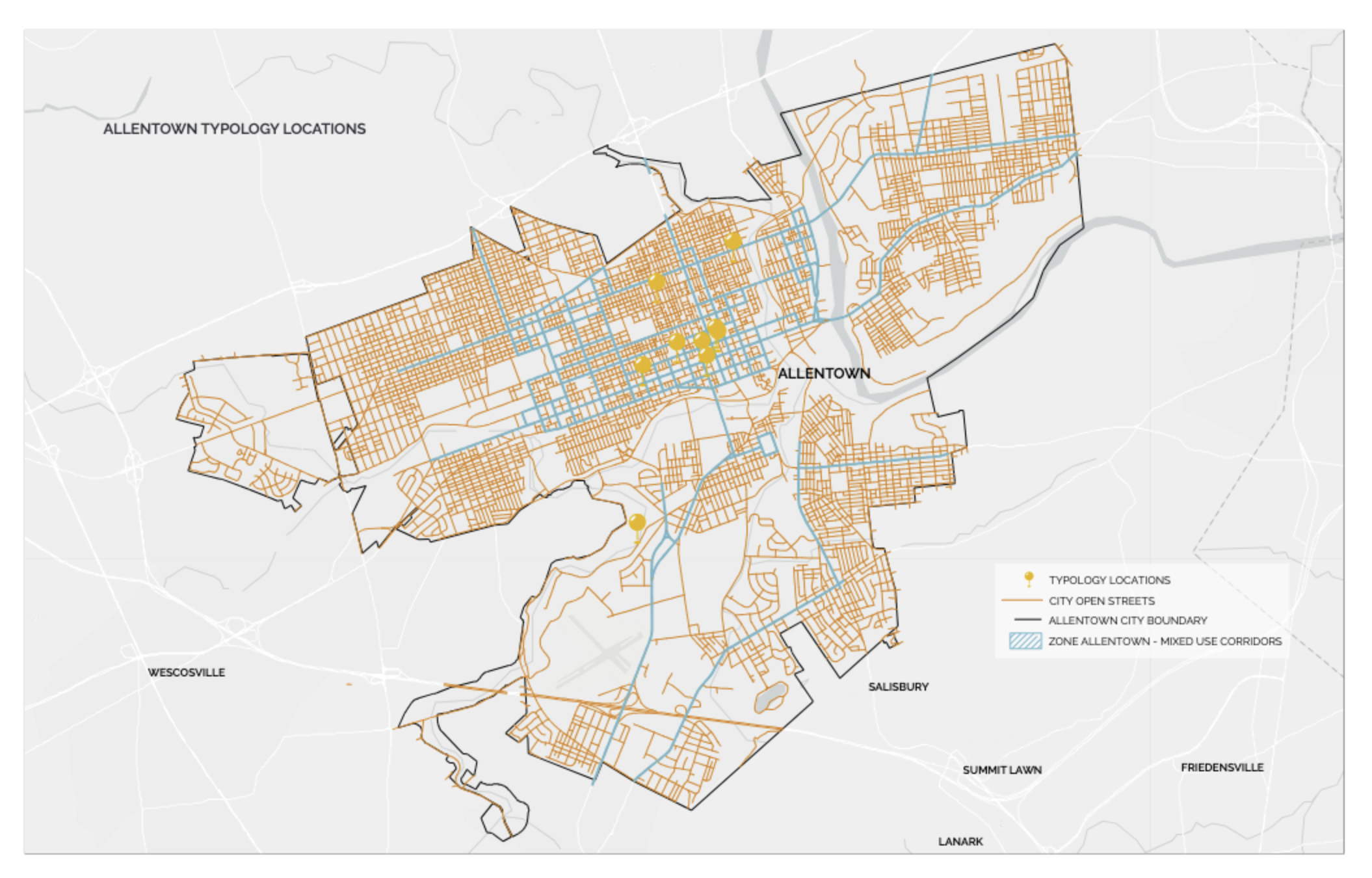 A map of Allentown showing city streets and boundaries. Key features include various typology locations marked with yellow dots, the city boundary outlined in black, and mixed-use corridors highlighted in blue. The map also includes labels for nearby areas such as Wescosville, Salisbury, Summit Lawn, Friedensville, and Lanark. The overall design is a blend of orange lines for streets against a light gray background.
