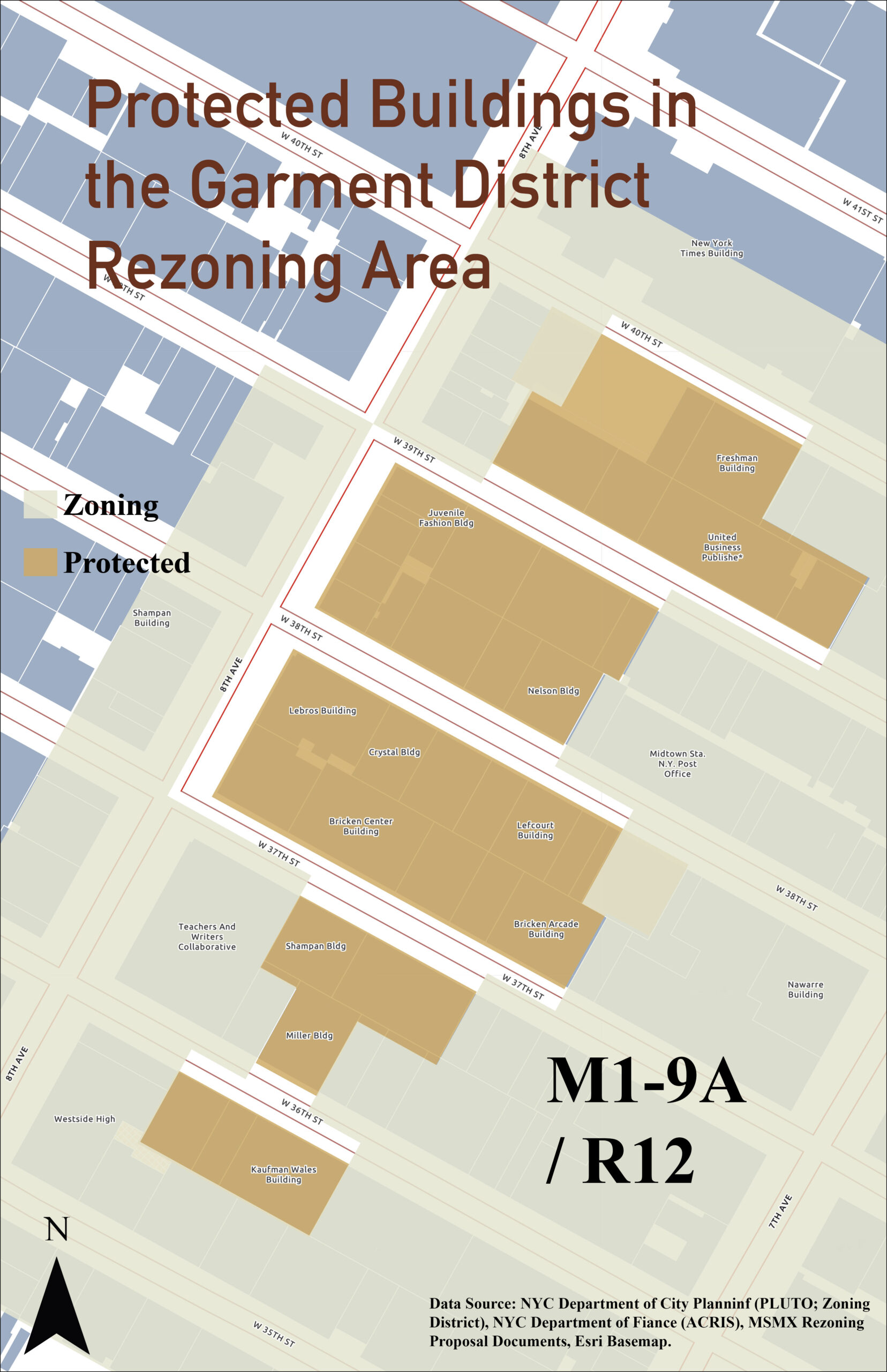 Map showing the protected buildings in the Garment District rezoning area. Streets labeled include W 36th St, W 37th St, W 38th St, W 39th St, W 40th St, and W 41st St, with avenues labeled as 7th Ave, 8th Ave, and 9th Ave. Protected buildings are highlighted in a tan color, while zoning areas are in blue. Key landmarks include various buildings with names such as the Juvenile Fashion Building and the New York Times Building. North is indicated at the bottom left.