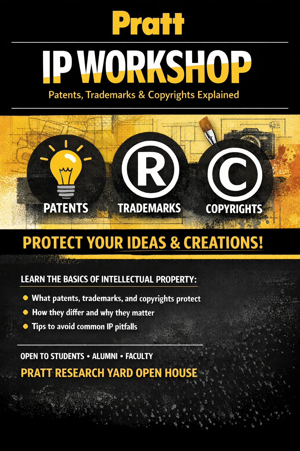 A graphic promoting an IP Workshop hosted by Pratt, focusing on patents, trademarks, and copyrights. The design features a lightbulb icon representing patents, a circled "R" for trademarks, and a "C" for copyrights. Key points include learning the basics of intellectual property, their differences, and tips to avoid pitfalls. The event is open to students, alumni, and faculty, and it’s set to take place at the Pratt Research Yard Open House.