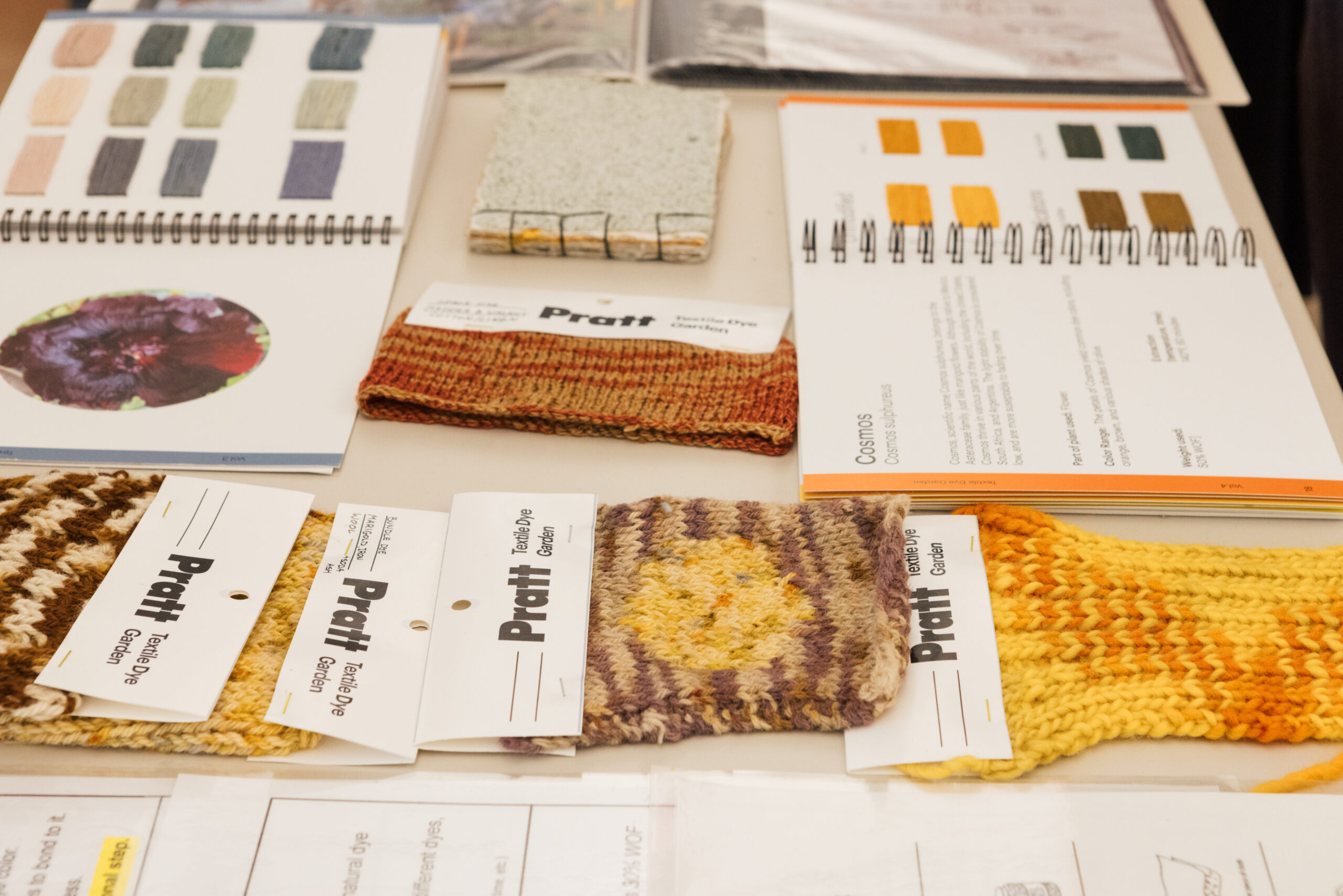 A tabletop displays various textile samples, including knitted swatches in diverse colors and textures, each labeled with "Pratt Textile Dye Garden." Nearby, a spiral notebook contains color swatches and a printed page titled "Cosmos," showcasing more dye options. The setup suggests a focus on textile design and dyeing techniques.
