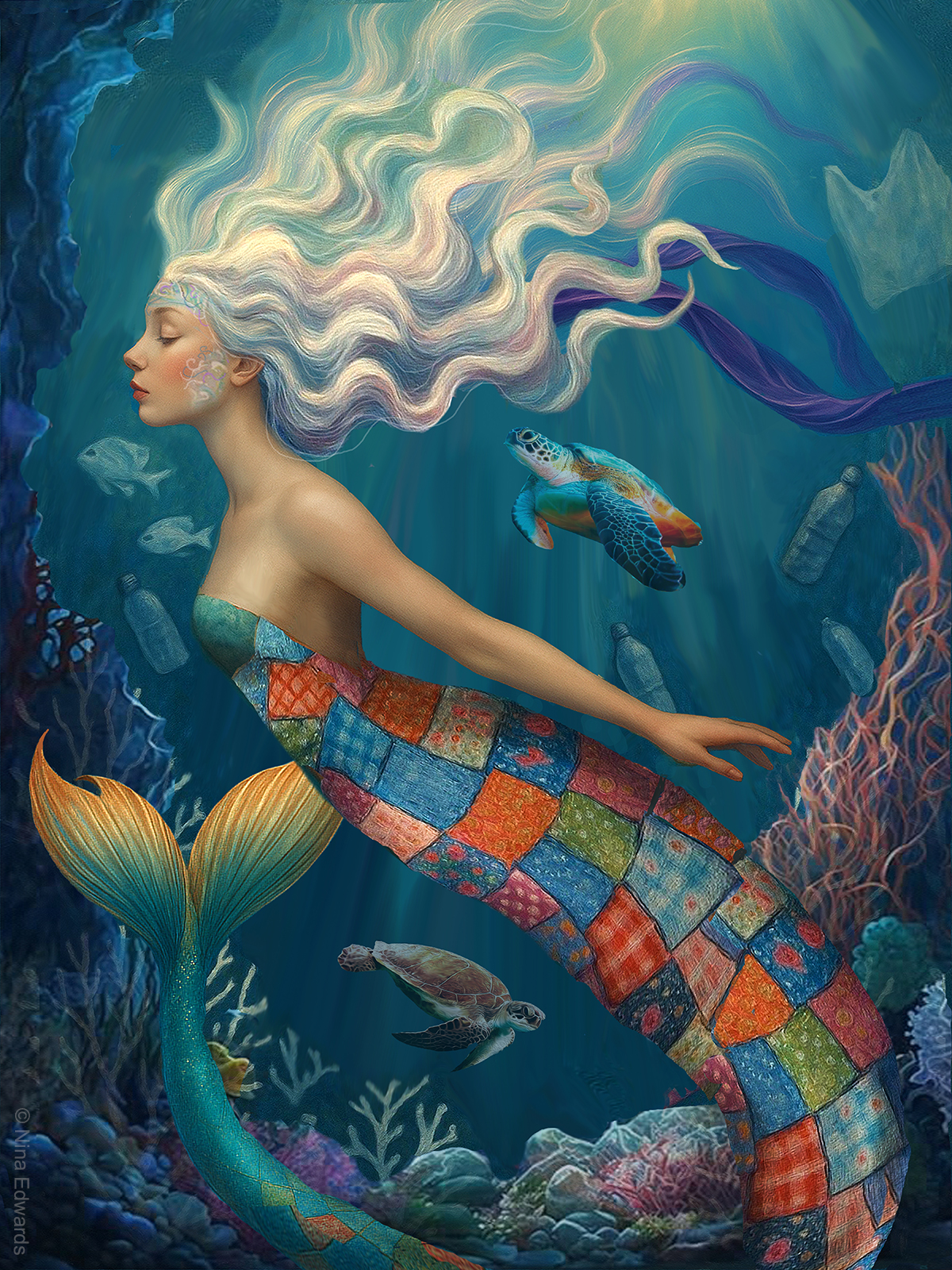 A flowing-haired mermaid swims gracefully underwater, adorned in a colorful, patchwork tail. Two sea turtles glide nearby, complemented by floating fish around her. The underwater scene is illuminated by soft rays of light filtering from above, casting a serene ambiance amidst coral and submerged objects in the background.