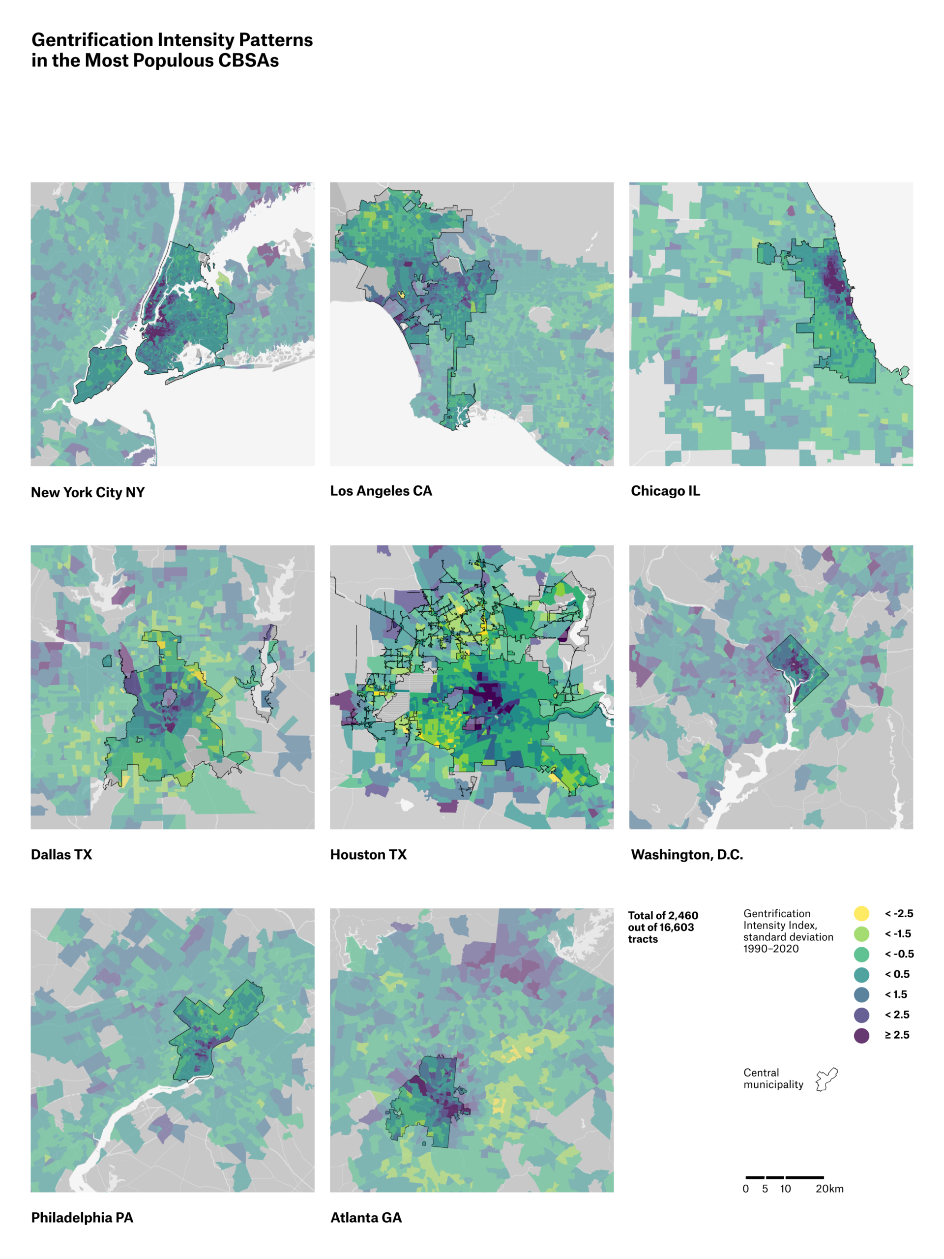 A grid of eight maps showing gentrification intensity patterns in major metropolitan areas across the U.S., including New York City, Los Angeles, Chicago, Dallas, Houston, Washington D.C., Philadelphia, and Atlanta. Each map uses a color gradient to indicate varying levels of gentrification intensity from low (yellow) to high (purple). A legend at the bottom outlines the gentrification index categories and shows a scale for distance measurement.
