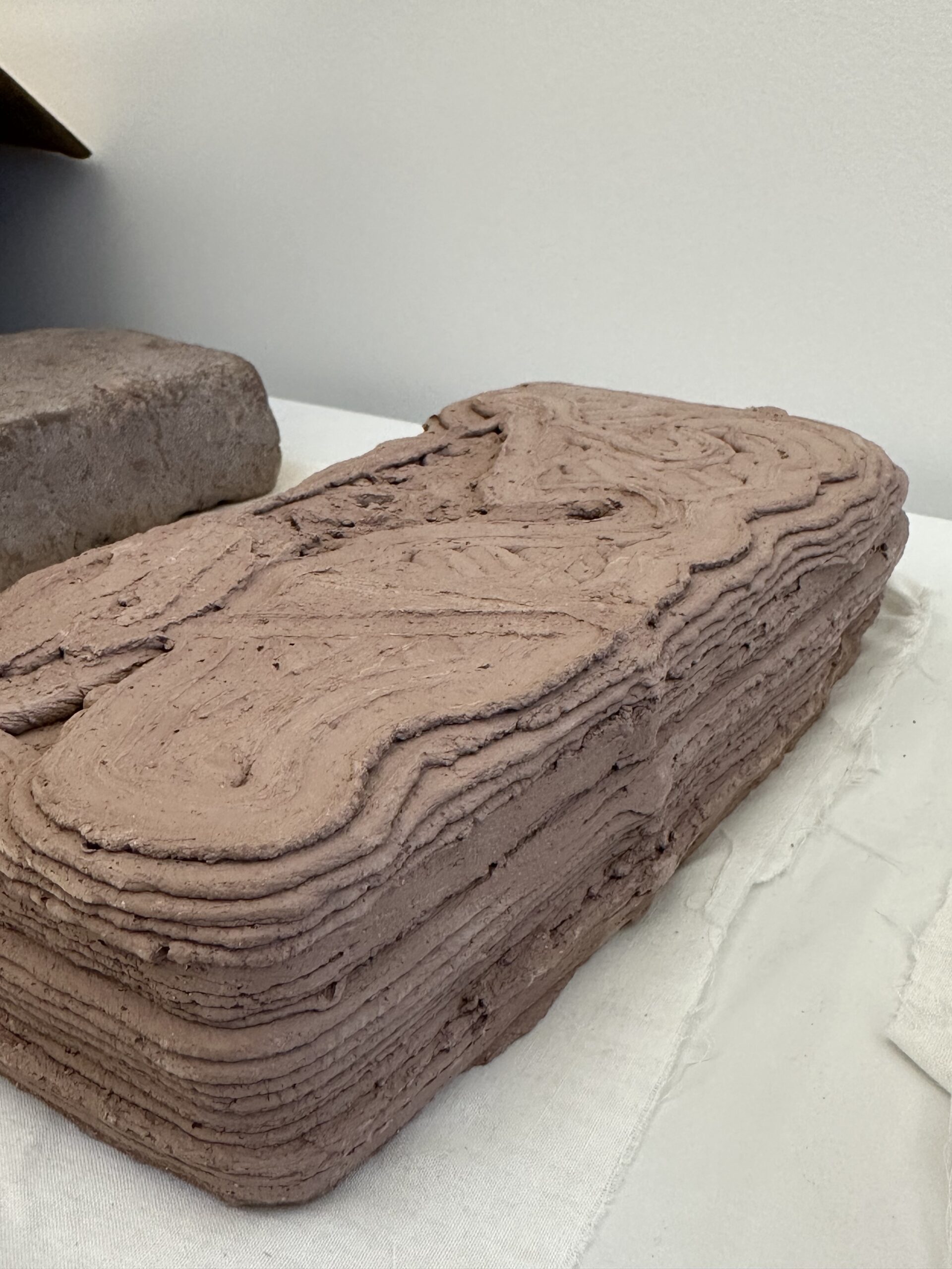 A rectangular block of chocolate-colored clay or modeling material is prominently displayed, showcasing textured, layered surfaces. The block is smooth, with wavy lines and grooves running across the top. A second, darker block is partially visible in the background, resting on a white surface. The background is plain and minimalistic, enhancing the focus on the clay block.