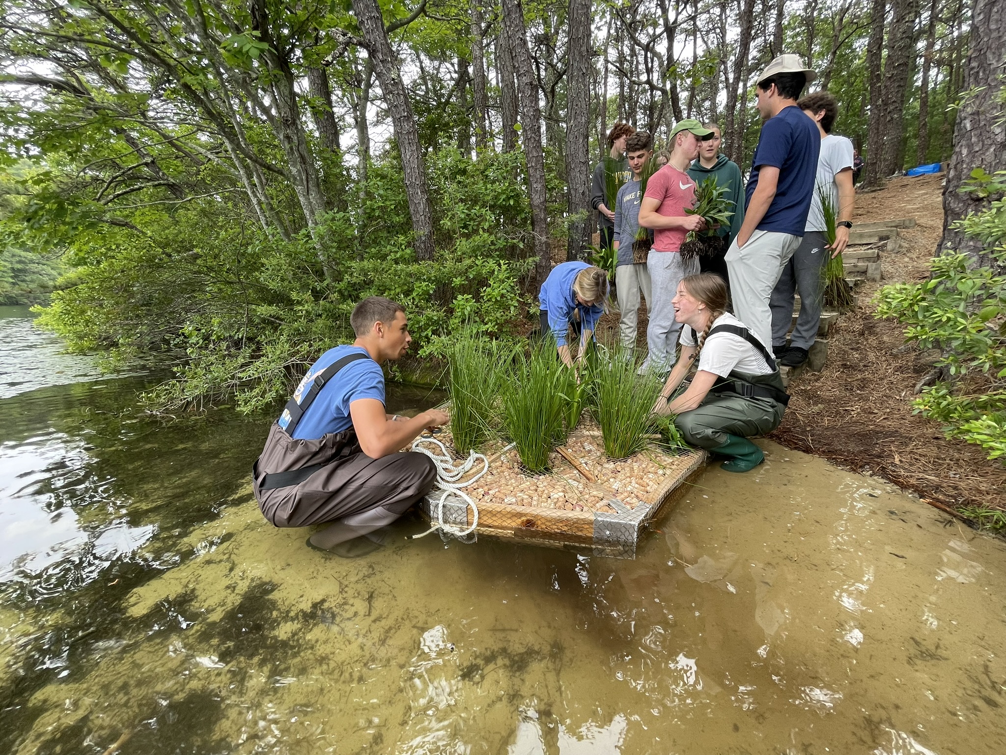 A group of students is gathered by a lake, engaged in an environmental project. Some individuals are kneeling beside a floating platform covered with plants, while others stand nearby, holding additional plants. The scene is surrounded by trees and a natural setting, with clear water reflecting the greenery. The atmosphere appears collaborative and focused on ecological restoration.