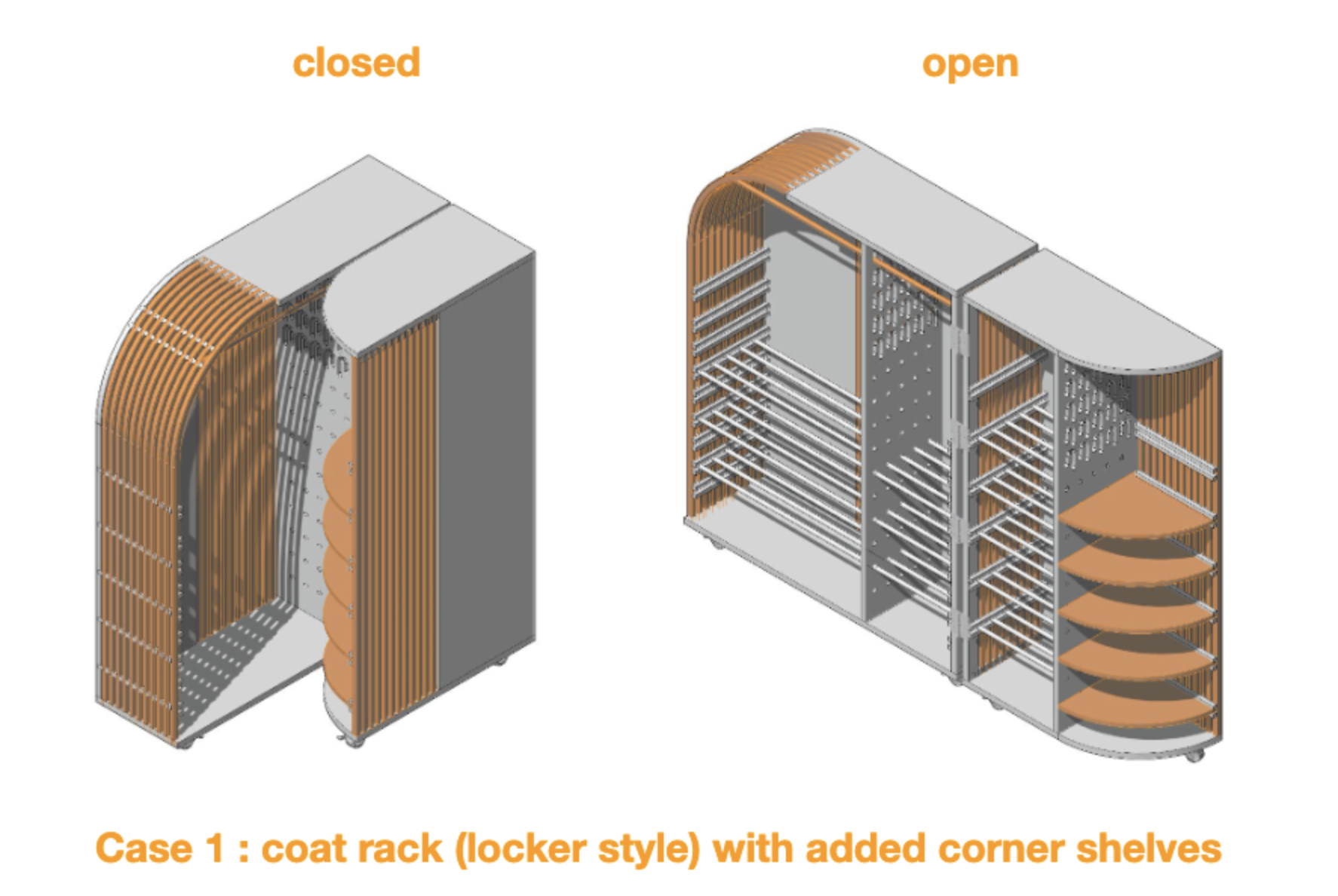 An image showing a coat rack with a locker style design. On the left, the rack is closed, featuring curved wooden slats. On the right, the rack is open, revealing multiple shelves and hooks for hanging items, along with added corner shelves for storage. The design is minimalist and modern, with a gray and orange color scheme.