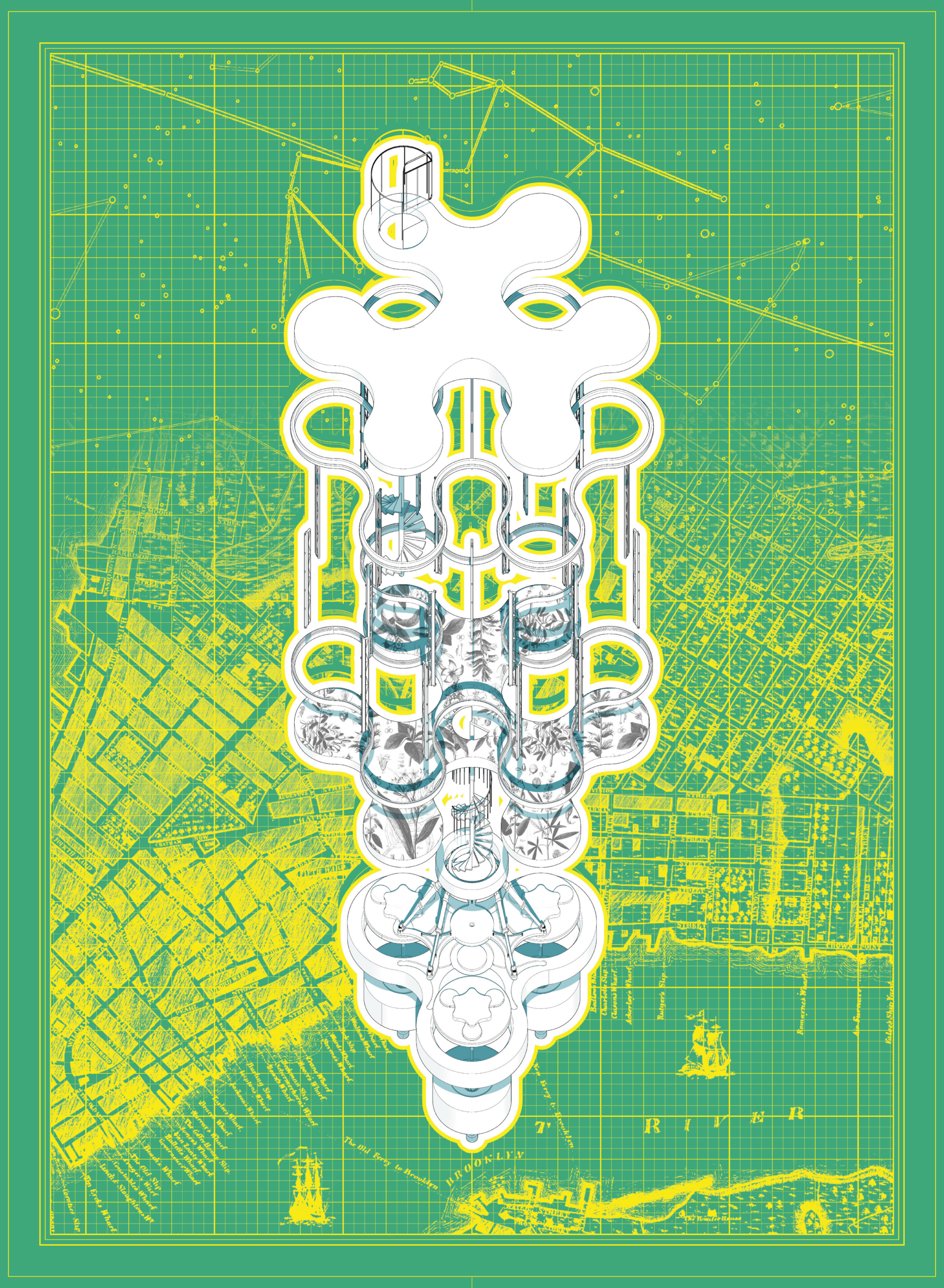 An abstract, architectural illustration features a central, symmetrical structure composed of connected circular forms and filigree elements. The design is rendered in white with intricate details and is set against a vibrant green and yellow grid background. Beneath the main structure, a detailed map-like pattern indicates urban layouts, contributing to a layered visual complexity indicative of planning or conceptual design.