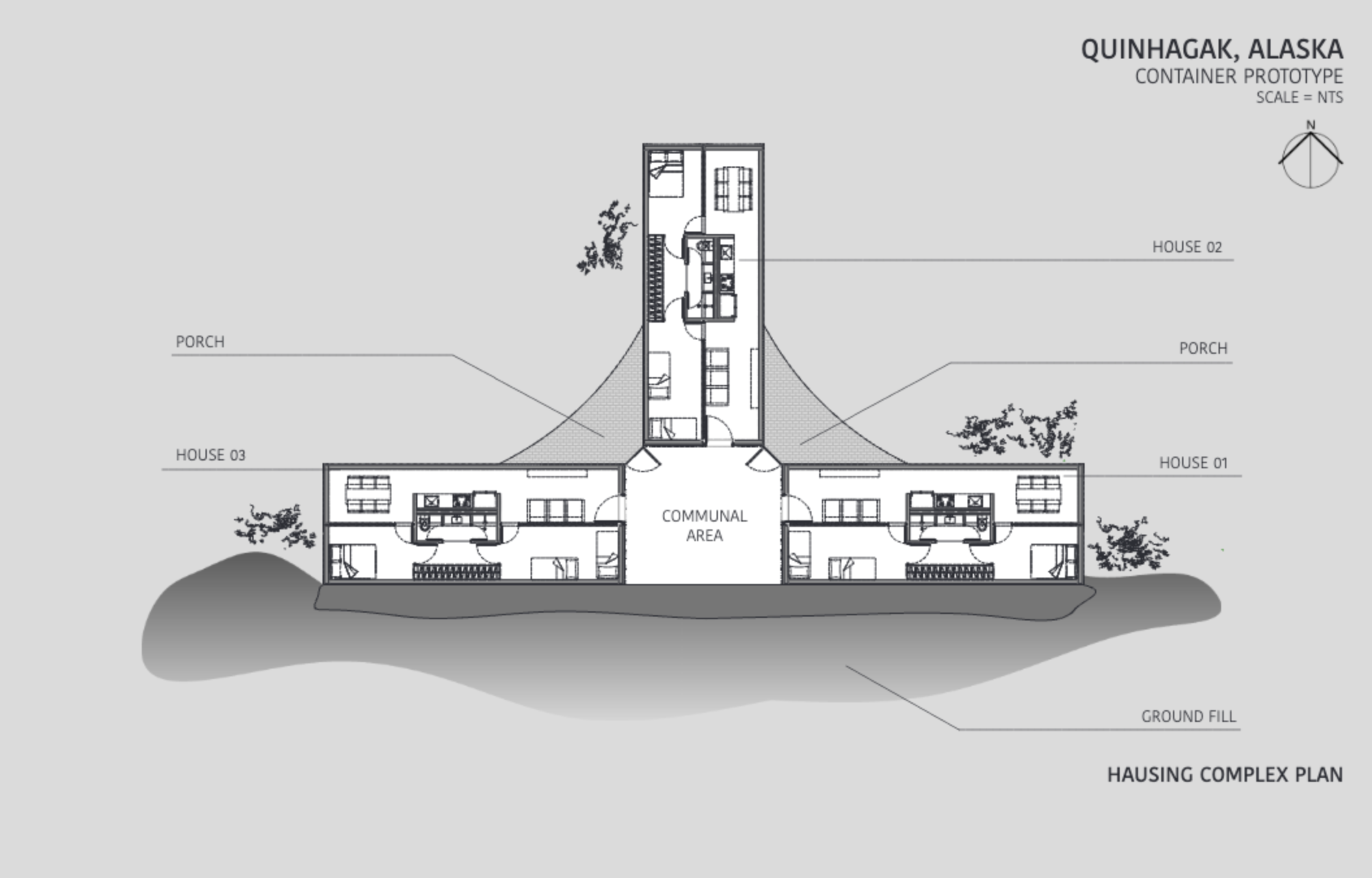 A floor plan for a housing complex in Quinahak, Alaska, featuring three houses (House 01, House 02, and House 03) surrounding a central communal area. Each house has areas designated for porches. The layout includes indications for ground fill and a directional compass. The design emphasizes shared living spaces.