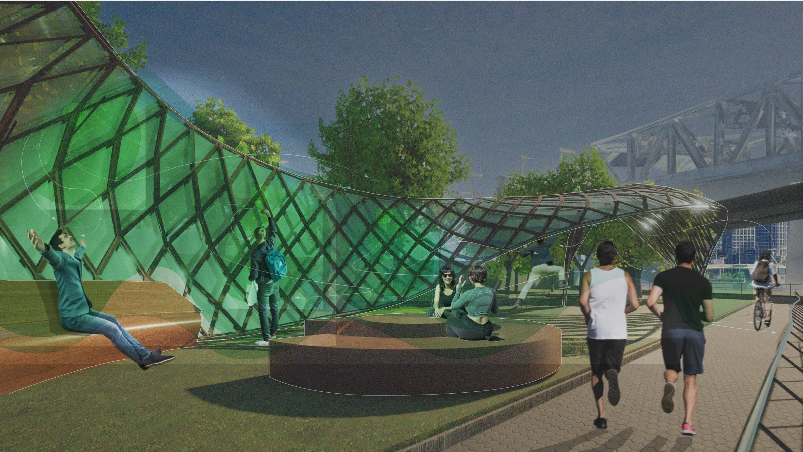 A modern park scene featuring a large, green, glass structure with a crisscross pattern. Several people are engaged in various activities: two individuals are sitting on a curved bench, two others are interacting nearby, and two joggers are running past on a pathway. A cyclist is also visible. The background includes trees and a bridge, with a twilight sky overhead.