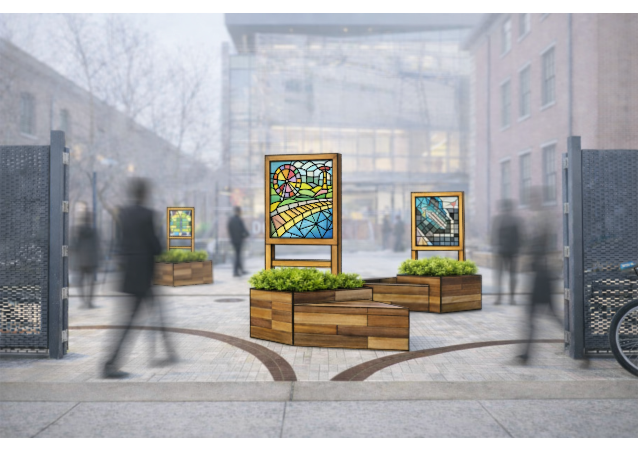 A serene urban scene with several stained glass panels displayed within wooden planter boxes, surrounded by a paved pathway. People walk by in a blurred motion, indicating a lively atmosphere. In the background, a modern building is partially visible, adding depth to the scene.