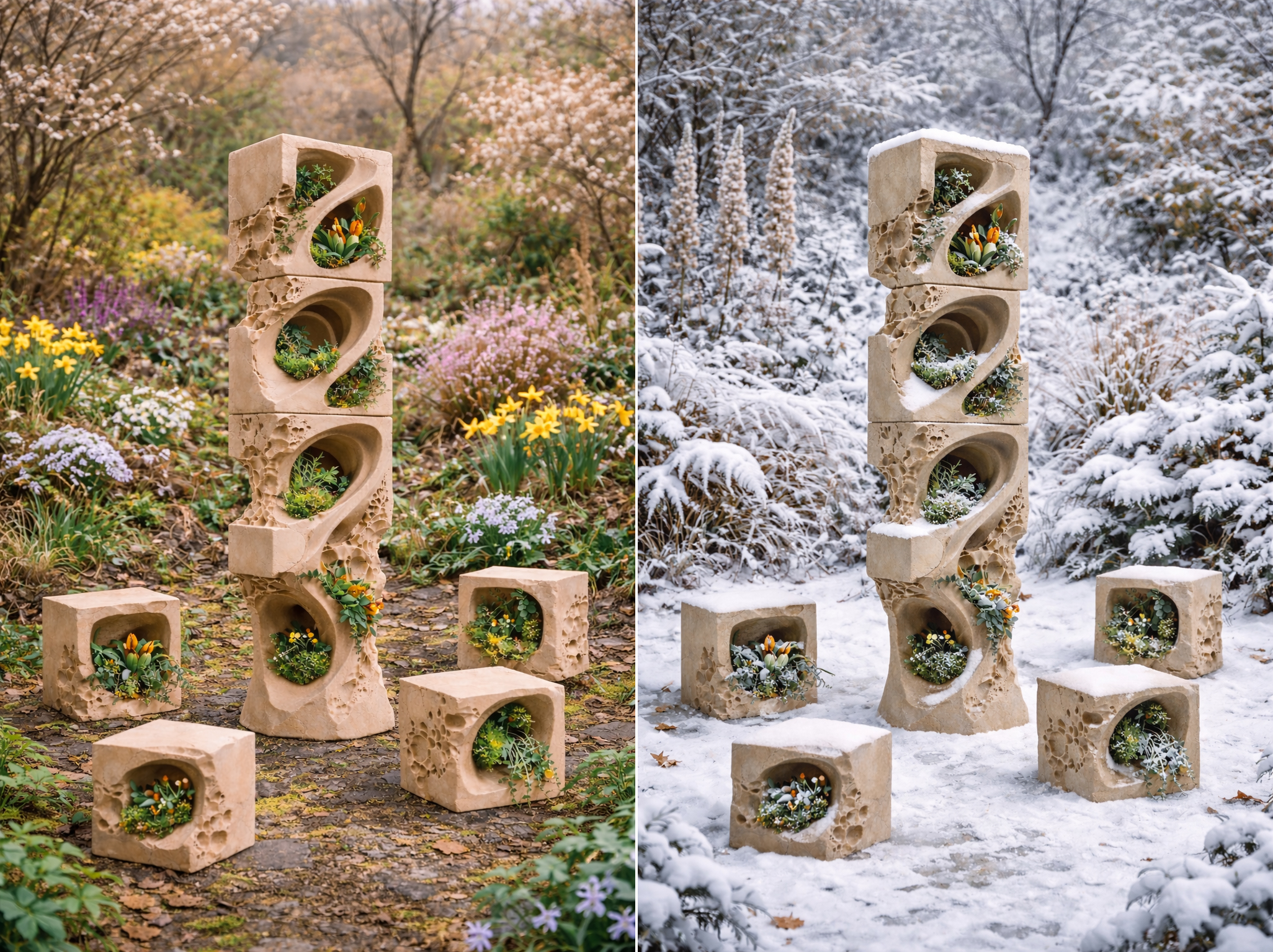 A sculpture made of stacked, textured blocks is surrounded by flowers in two contrasting seasonal settings. On the left, the scene is vibrant with blooming spring flowers and greenery. On the right, the sculpture is winterized, covered in snow, with plants peeking through. Both images feature the same arrangement, highlighting the seasonal change around the sculptural installation.