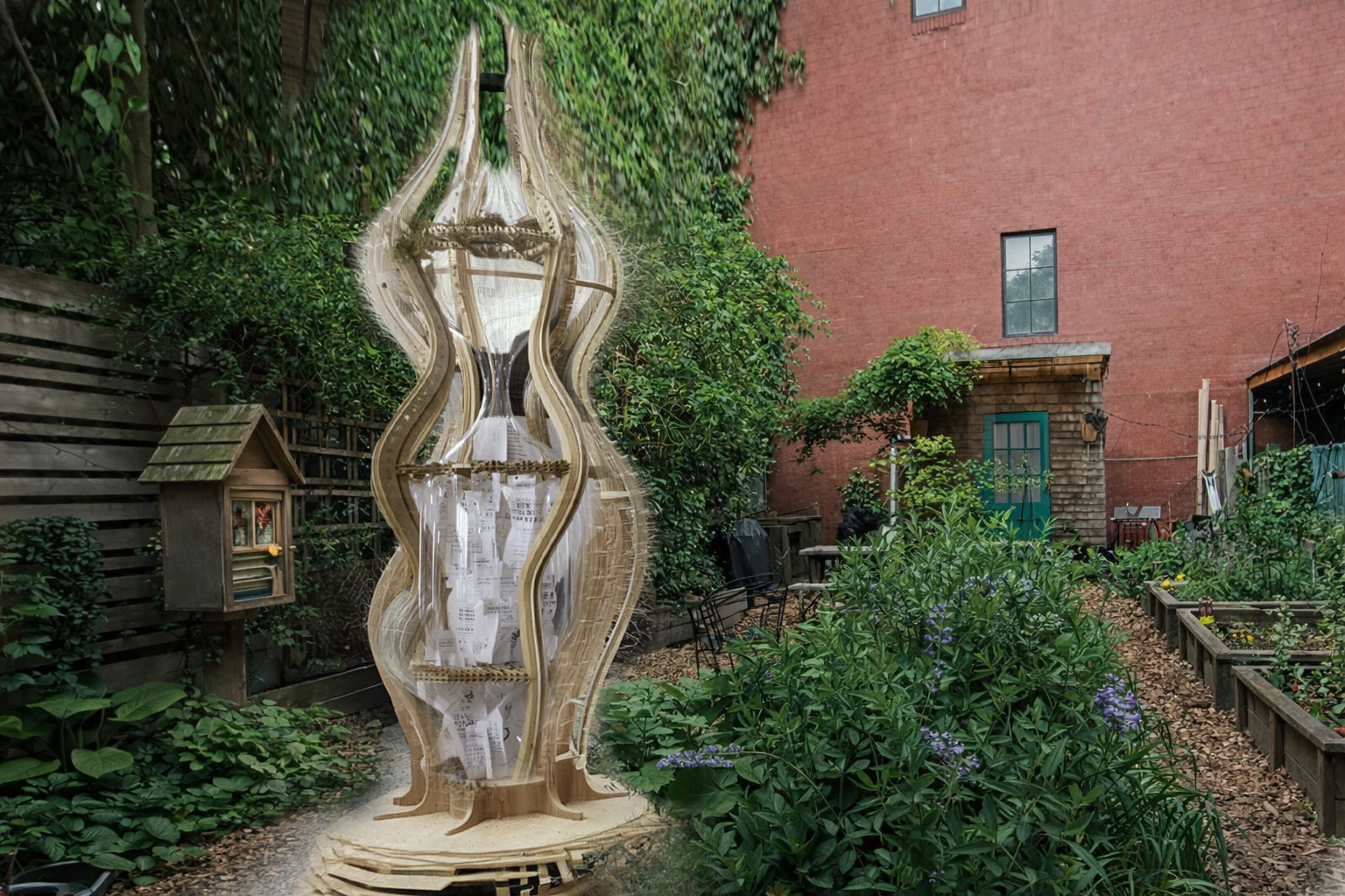 A unique wooden structure resembling abstract waves stands in a garden filled with green plants and purple flowers. The structure has clear, transparent sections displaying printed pages inside. In the background, there is a small wooden shed with a green door and a brick wall. The setting appears lush and inviting, featuring a stone pathway and garden beds.