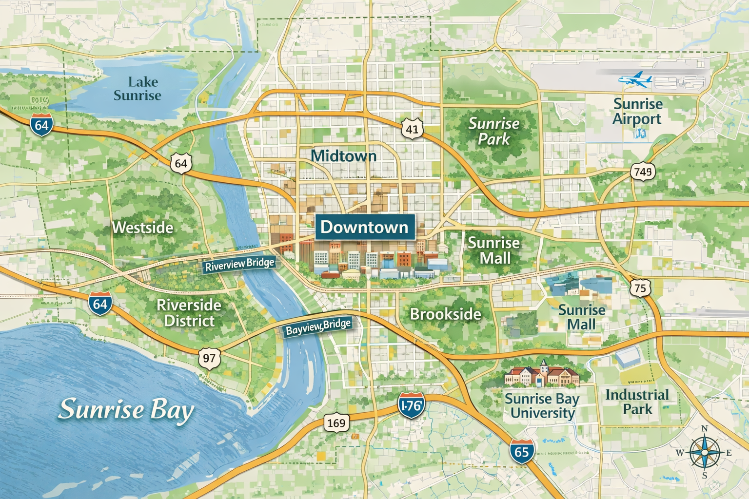 A detailed map of Sunrise Bay, featuring the Downtown area prominently labeled in the center. Major landmarks include Sunrise Mall, Sunrise Park, and Sunrise Airport. Key neighborhoods like Midtown, Riverside District, and Westside are marked, along with nearby lakes and roads, including Lake Sunrise and Riverview Bridge. The map is designed with a color gradient showing urban and green spaces, with highways and local roads clearly indicated.