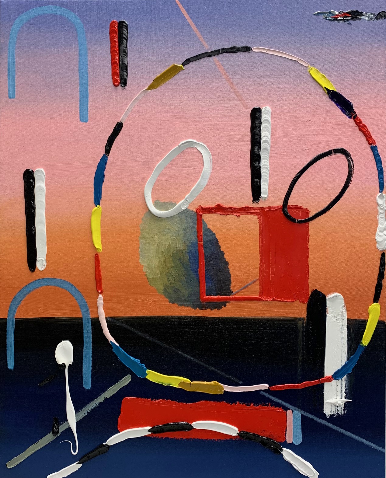 An abstract painting featuring a gradient background of soft pinks and blues. The foreground has circular shapes, lines, and geometric forms in various colors including black, white, yellow, red, and blue. The composition includes both solid shapes and freeform lines, creating a dynamic visual effect.