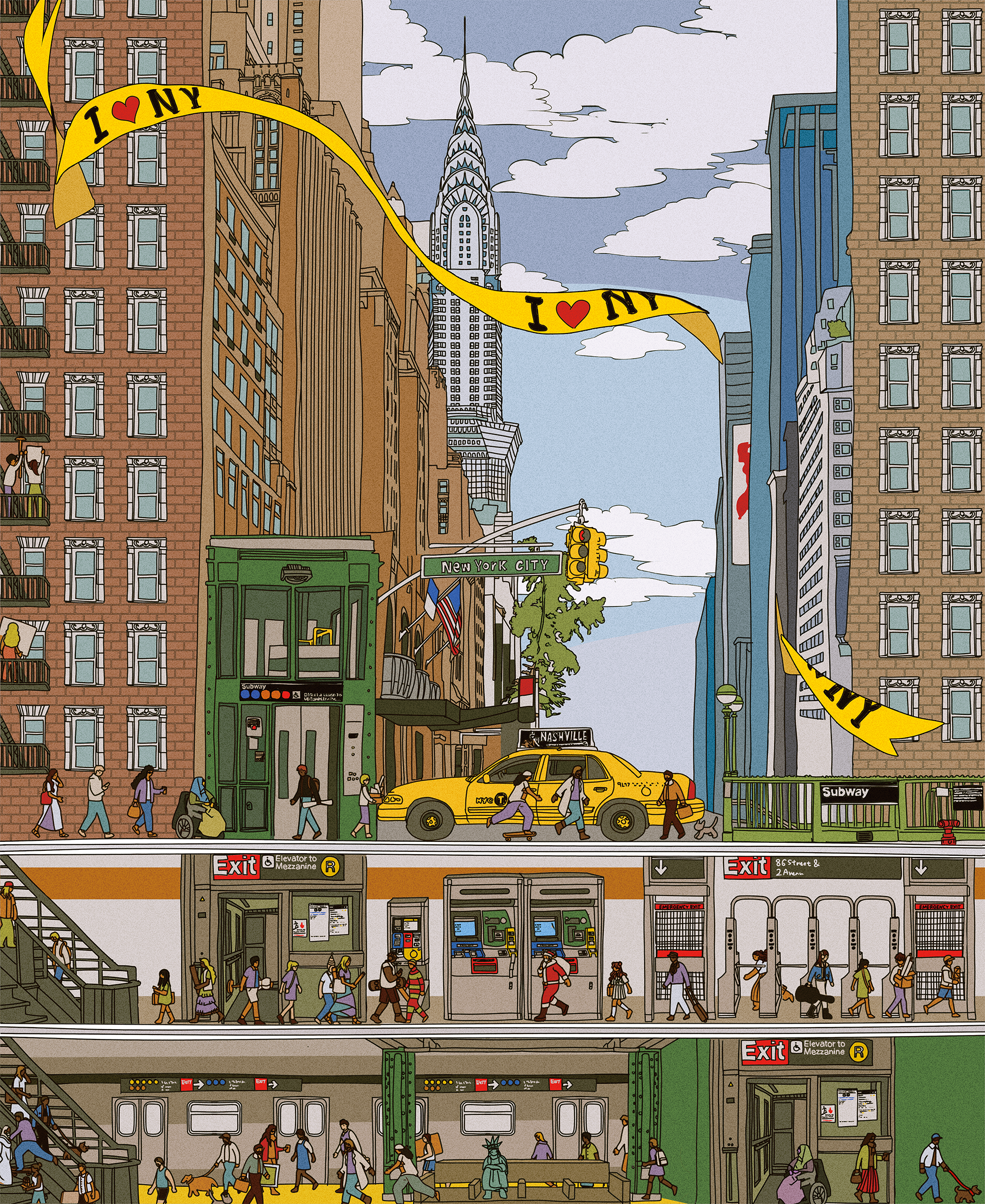 A vibrant illustration of a busy New York City street scene. The image features skyscrapers, a taxi, and pedestrians walking under a yellow "I ♥ NY" banner. The top half shows buildings and streetlights, while the bottom half displays a subway station with commuters. Signs and billboards highlight urban life, along with greenery and flags, capturing the energy of the city.