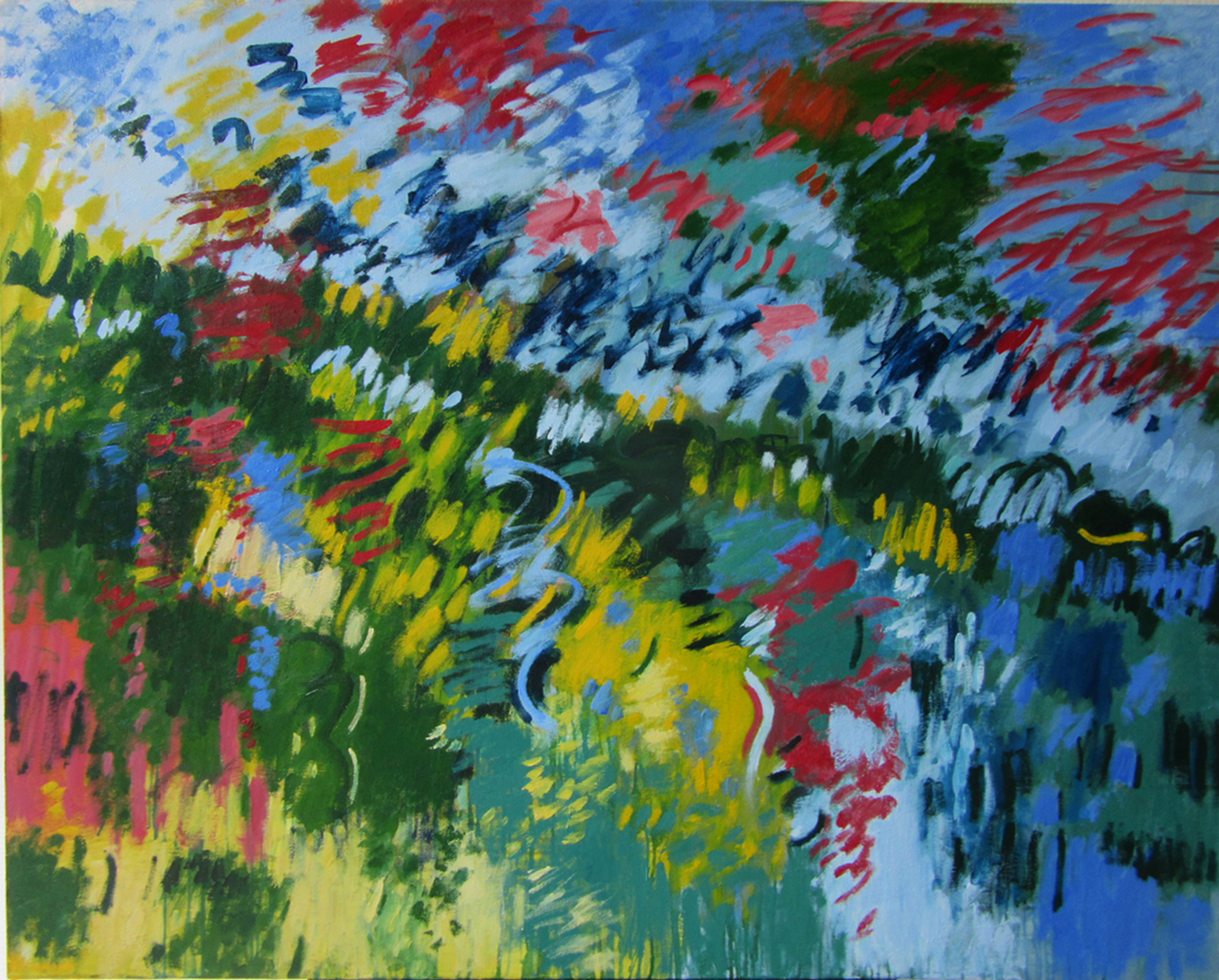Colorful abstract painting with gestural brushstrokes in tones of red, green, blue, and yellow