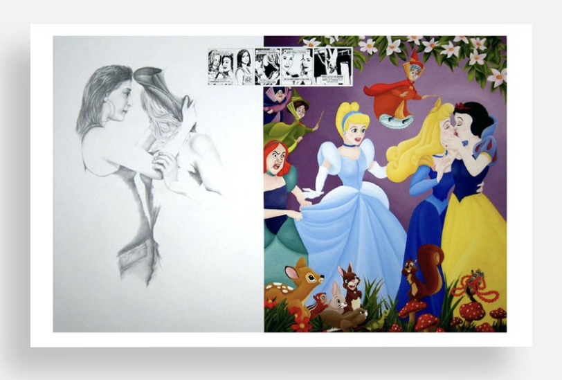 A split image with a black and white pencil drawing on the left, depicting a woman holding a mask, and a colorful illustration on the right, featuring animated princesses surrounded by various animals and flowers. The top of the right side includes comic-style sketches of characters in action.