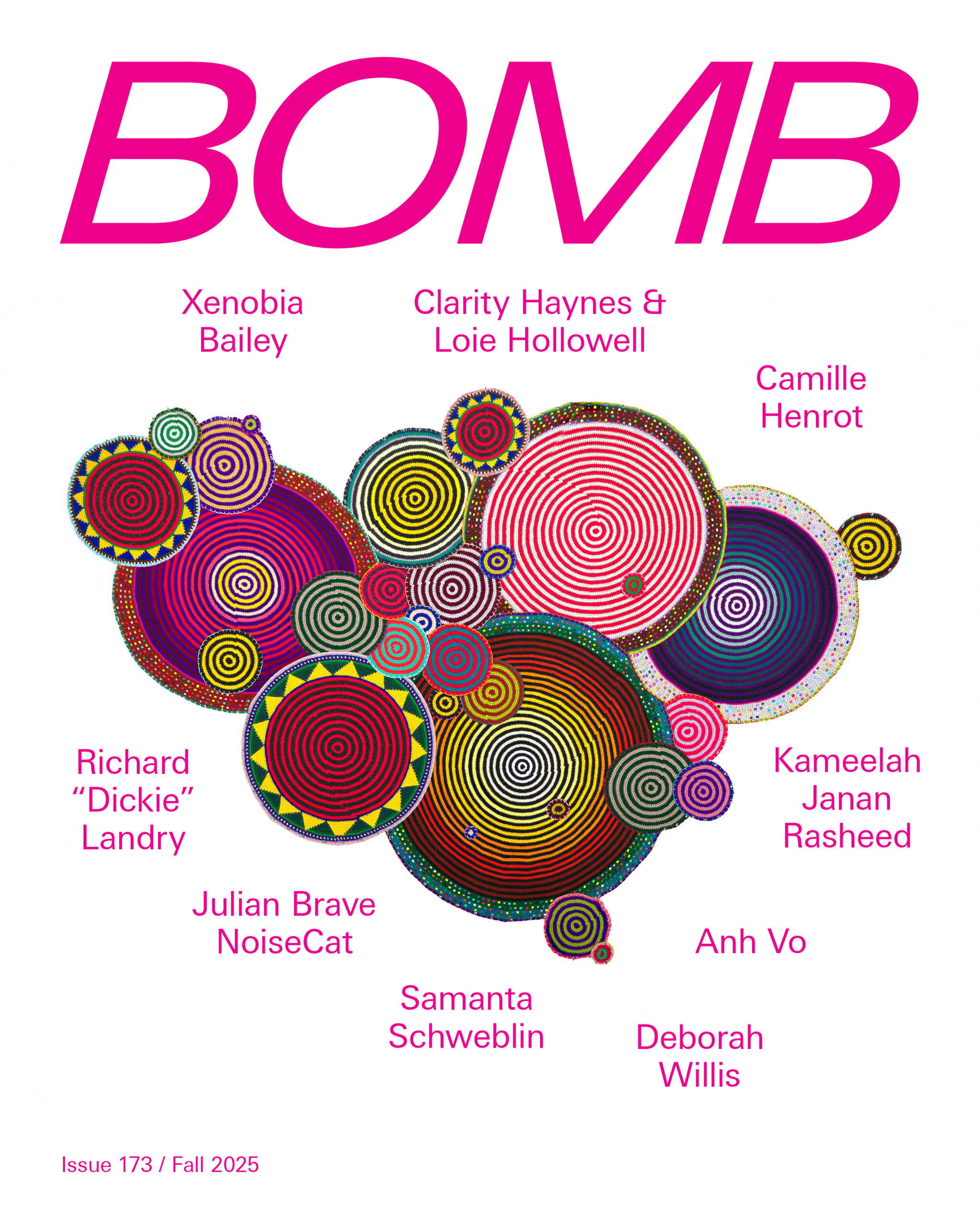 A colorful magazine cover featuring the title "BOMB" in large pink letters at the top. Below, there are concentric circles in various colors and patterns, creating an abstract design.