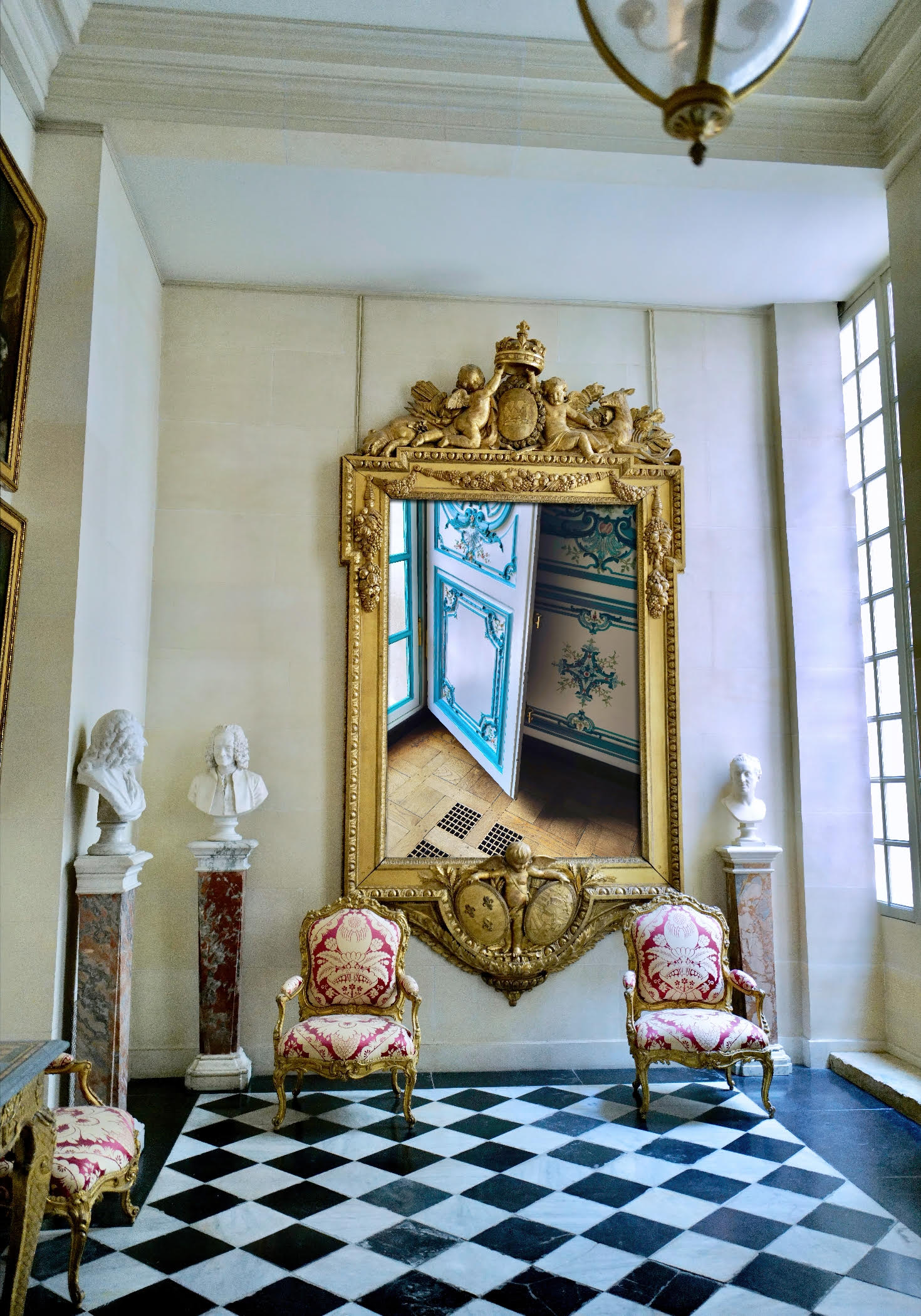 A room featuring an ornate gold-framed mirror reflecting a door with blue detailing. The mirror has decorative elements at the top, while the room is furnished with two luxurious chairs with red and white patterns. Nearby, there are two busts on marble pedestals, and the floor consists of a black and white checkerboard pattern. Natural light streams in from a large window.