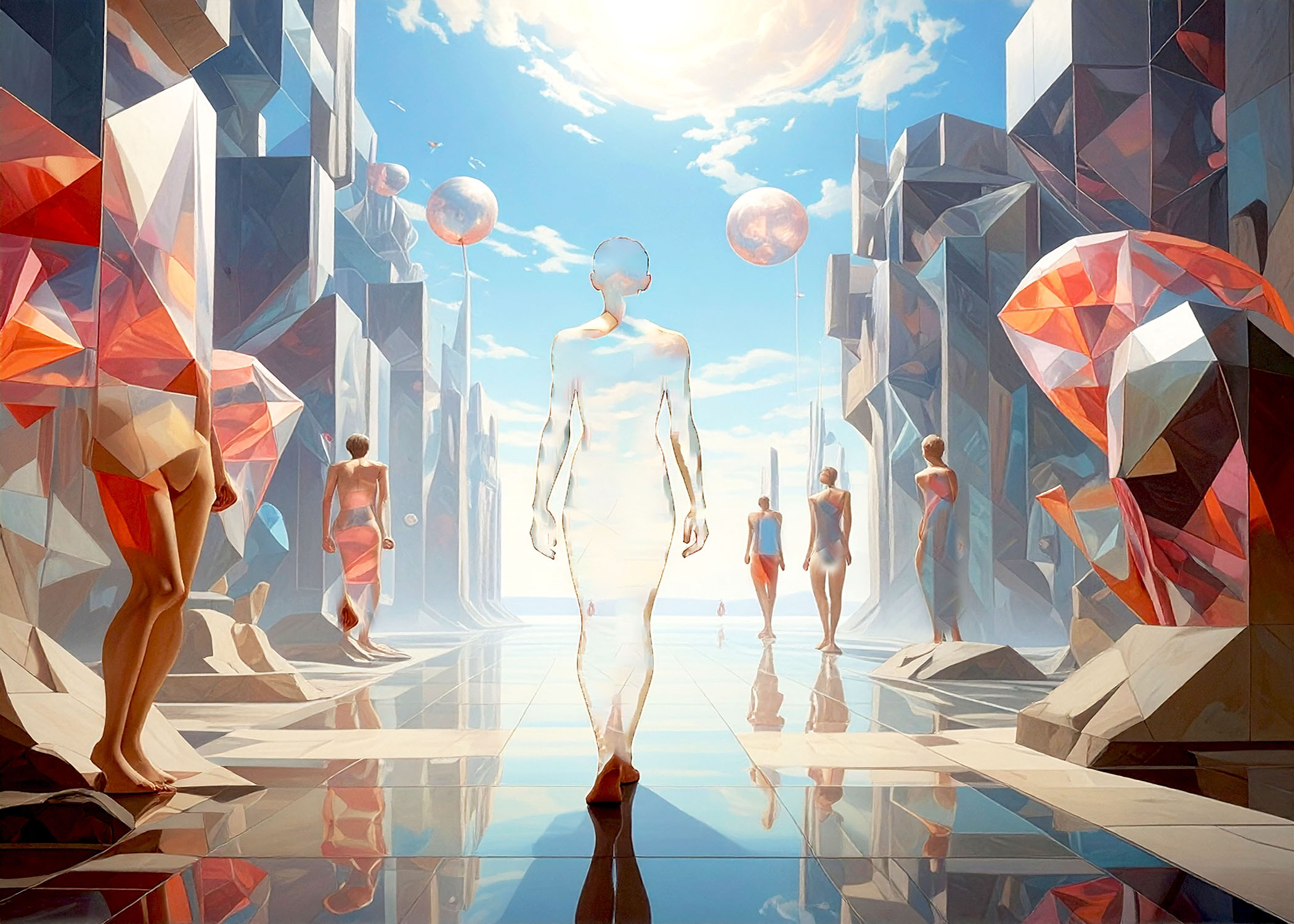 A surreal landscape features several human figures walking along a reflective pathway surrounded by geometric structures and colorful shapes. The atmosphere is bright with a blue sky and wispy clouds, while translucent elements are interspersed among the figures, suggesting a dreamlike quality. Large spherical objects float above, enhancing the ethereal ambiance of the scene.