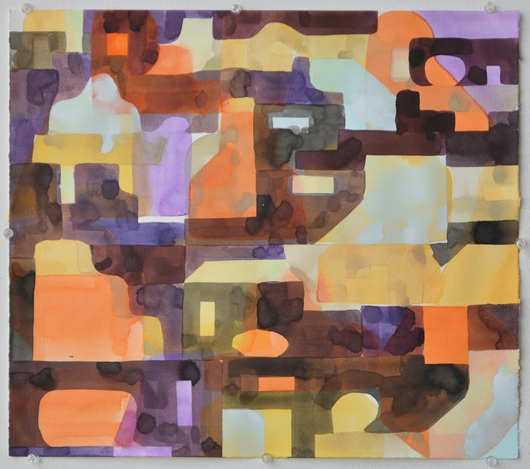An abstract watercolor painting featuring a mosaic of various shapes and forms in colors such as orange, purple, brown, and light blue.