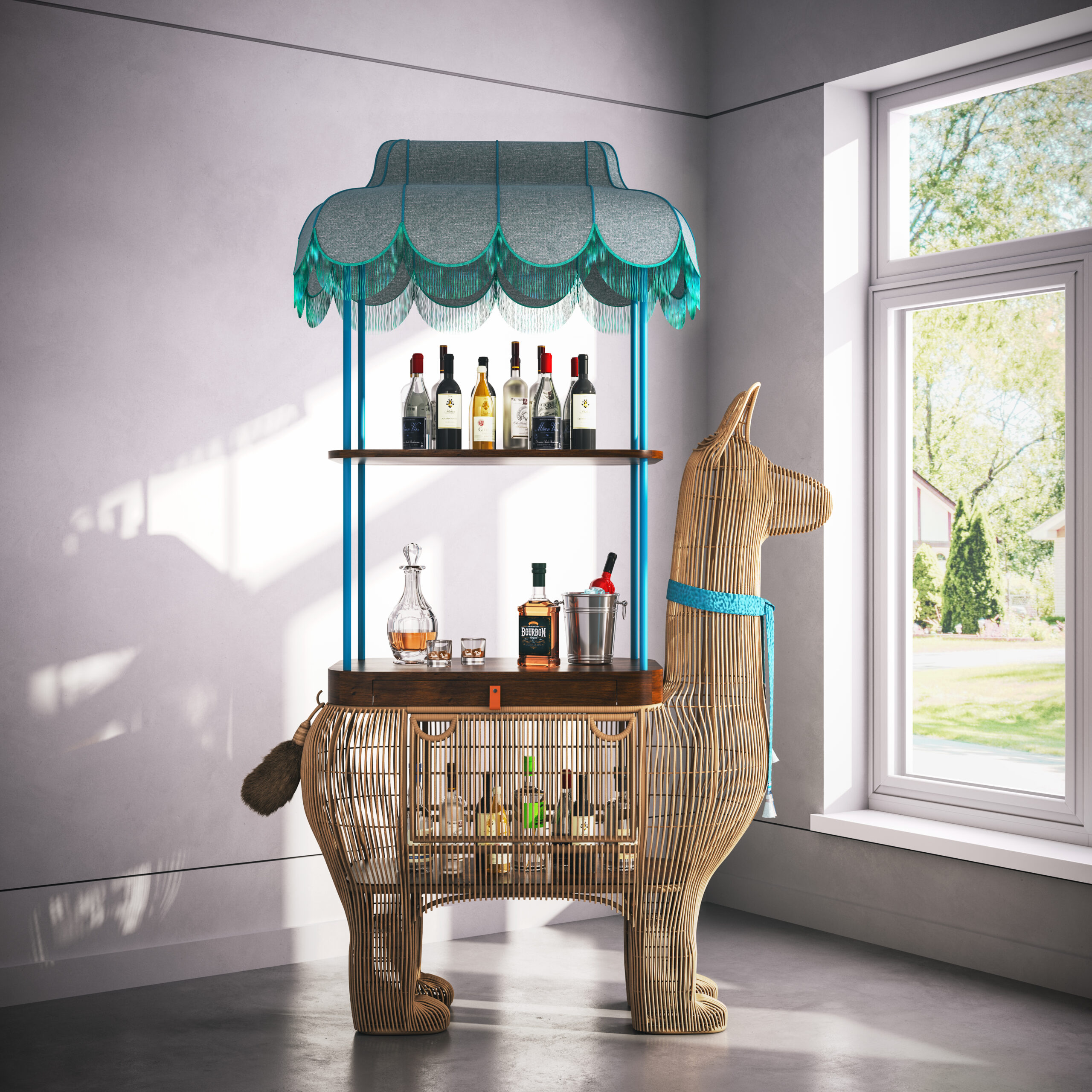 A rattan bar cart shaped like a llama with a teal ribbon around its neck. On the llama's back is a bar with two shelves of liquor bottles under a whimsical teal canopy. Inside a door on the llama's side are more bottles.