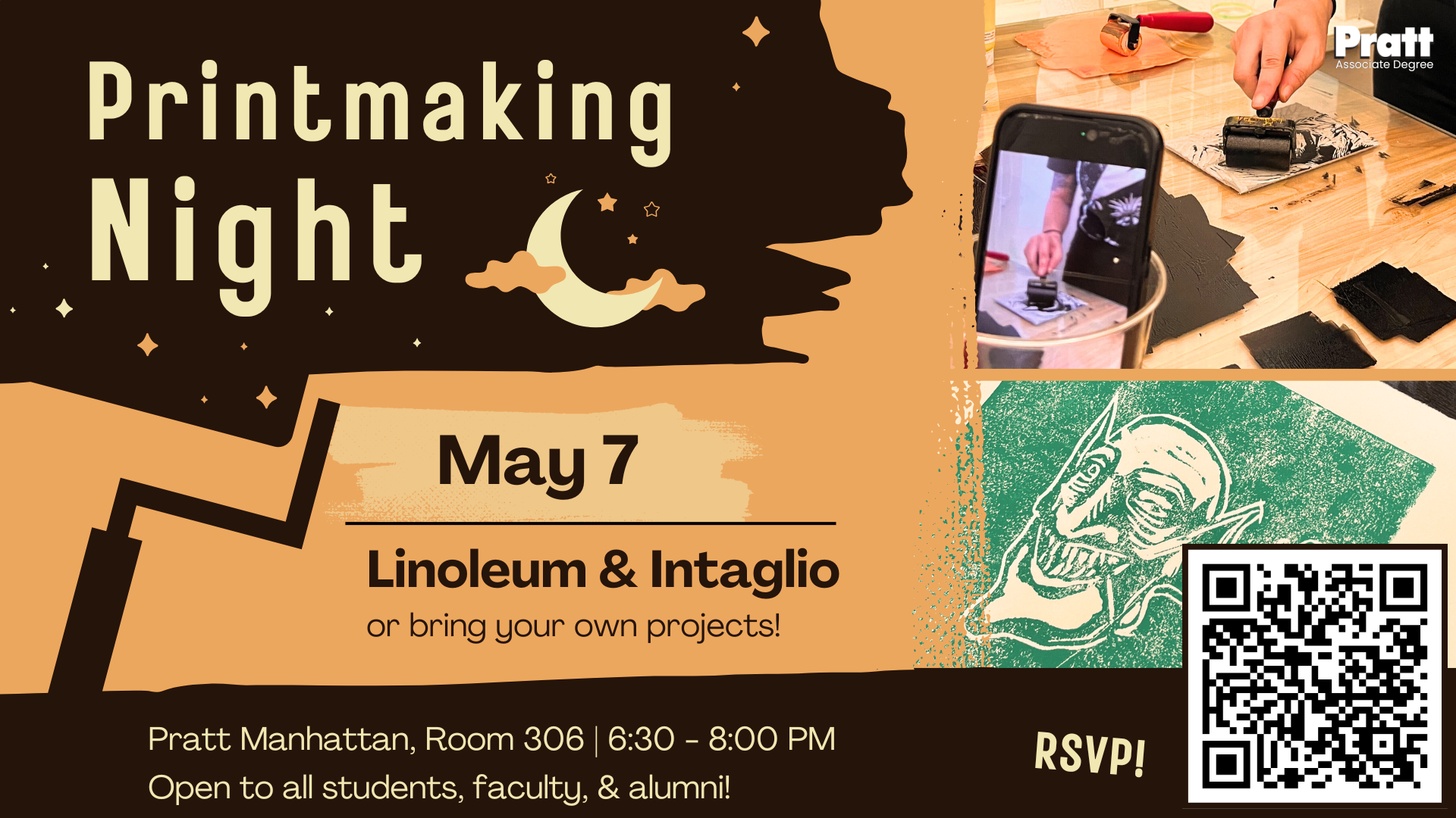 Printmaking Night May 7, Intaglio and Linoleum workshops, 6:30 - 8:00 pm
