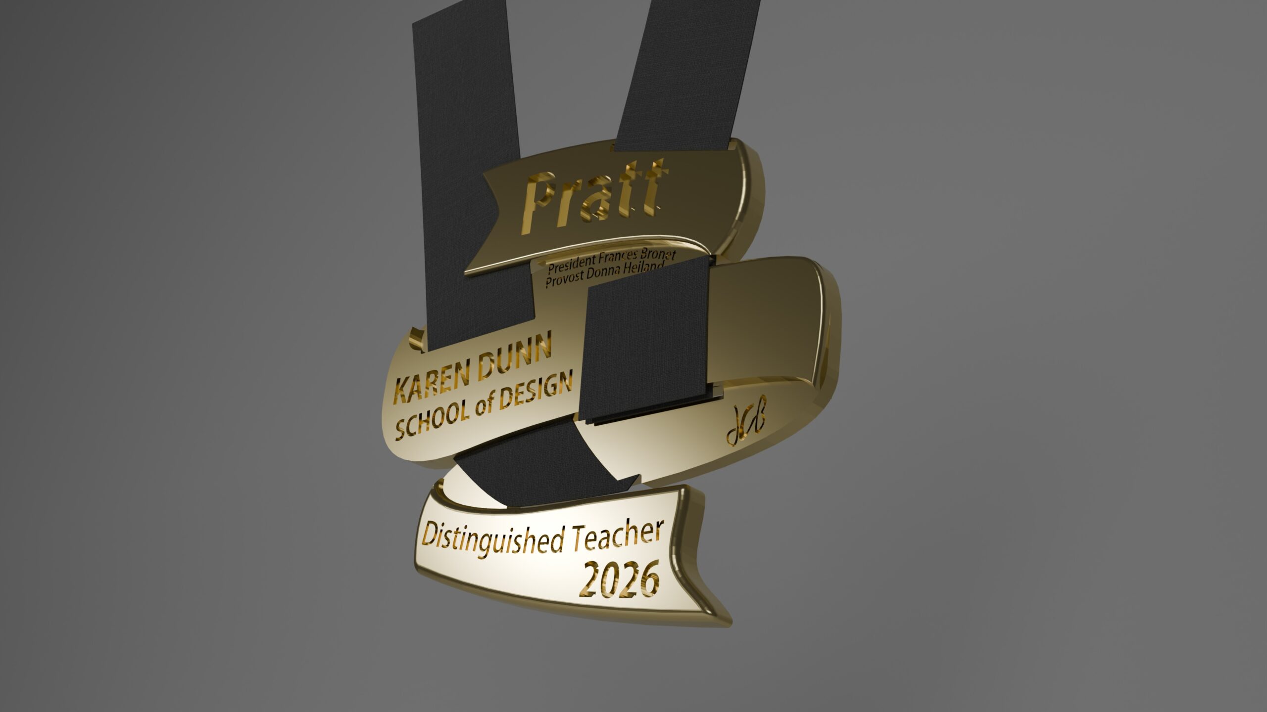 A gold medal hangs against a gray background. The medal features inscriptions that read "Pratt," "KAREN DUNN SCHOOL of DESIGN," "Distinguished Teacher," and "2026." There are decorative elements and a ribbon attached, along with names of individuals described as President and Provost. The design is sleek and modern, showcasing an elegant award.