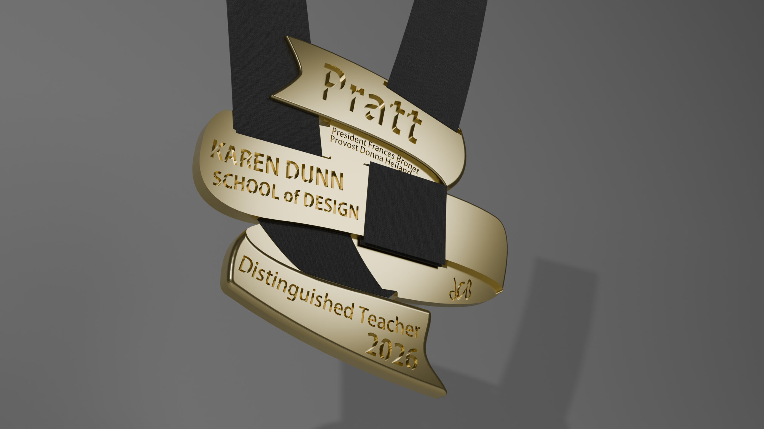 A gold award featuring banners that read "Pratt," "Karen Dunn School of Design," "Distinguished Teacher," and "2026." The award has a sleek design, with a black ribbon element, and some text indicating names and positions that are partially obscured. The background is a neutral grey, providing contrast to the shiny gold of the award.