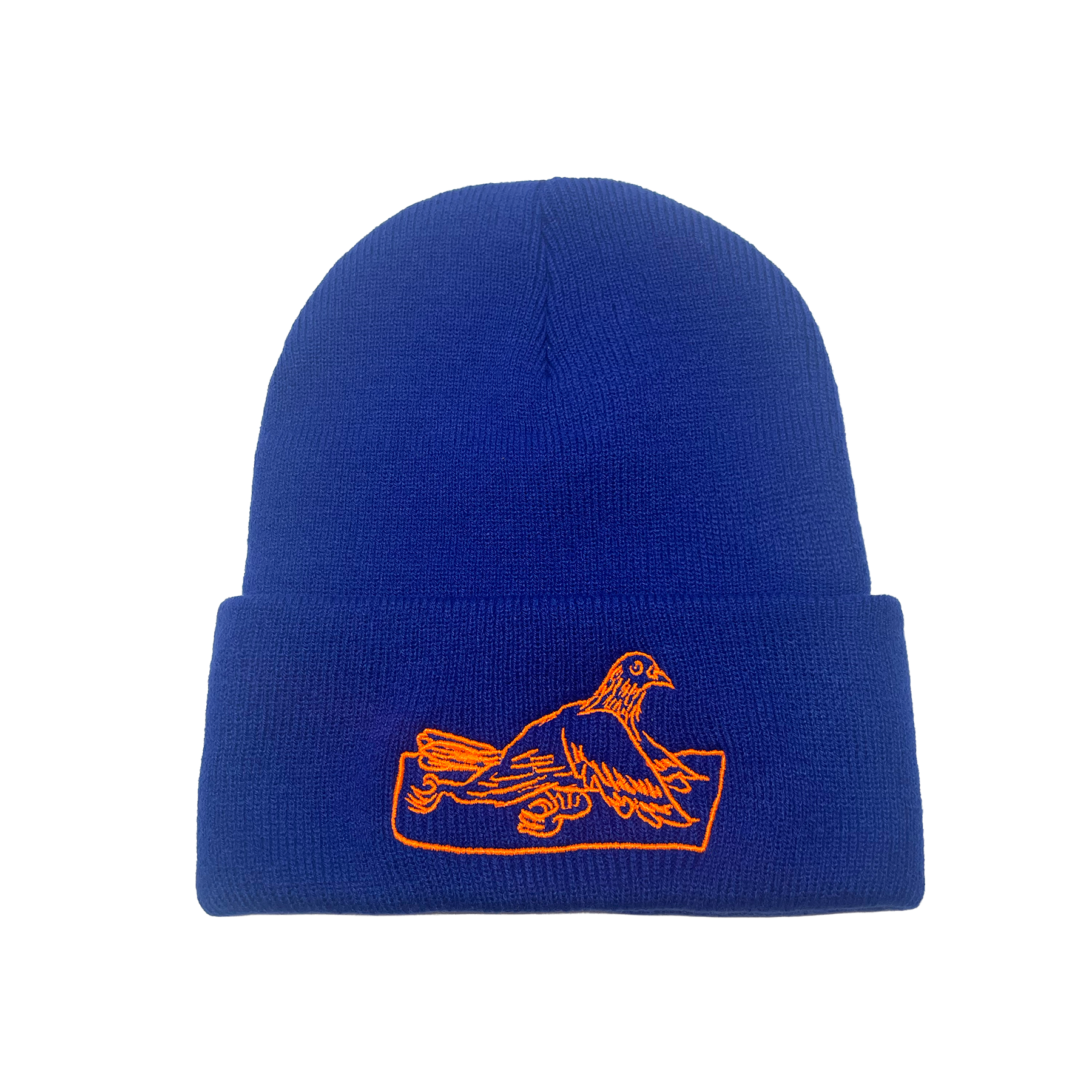 A dark blue beanie with a brim embroidered with a bright orange cartoon of a pigeon on a yoga mat performing the pigeon pose.