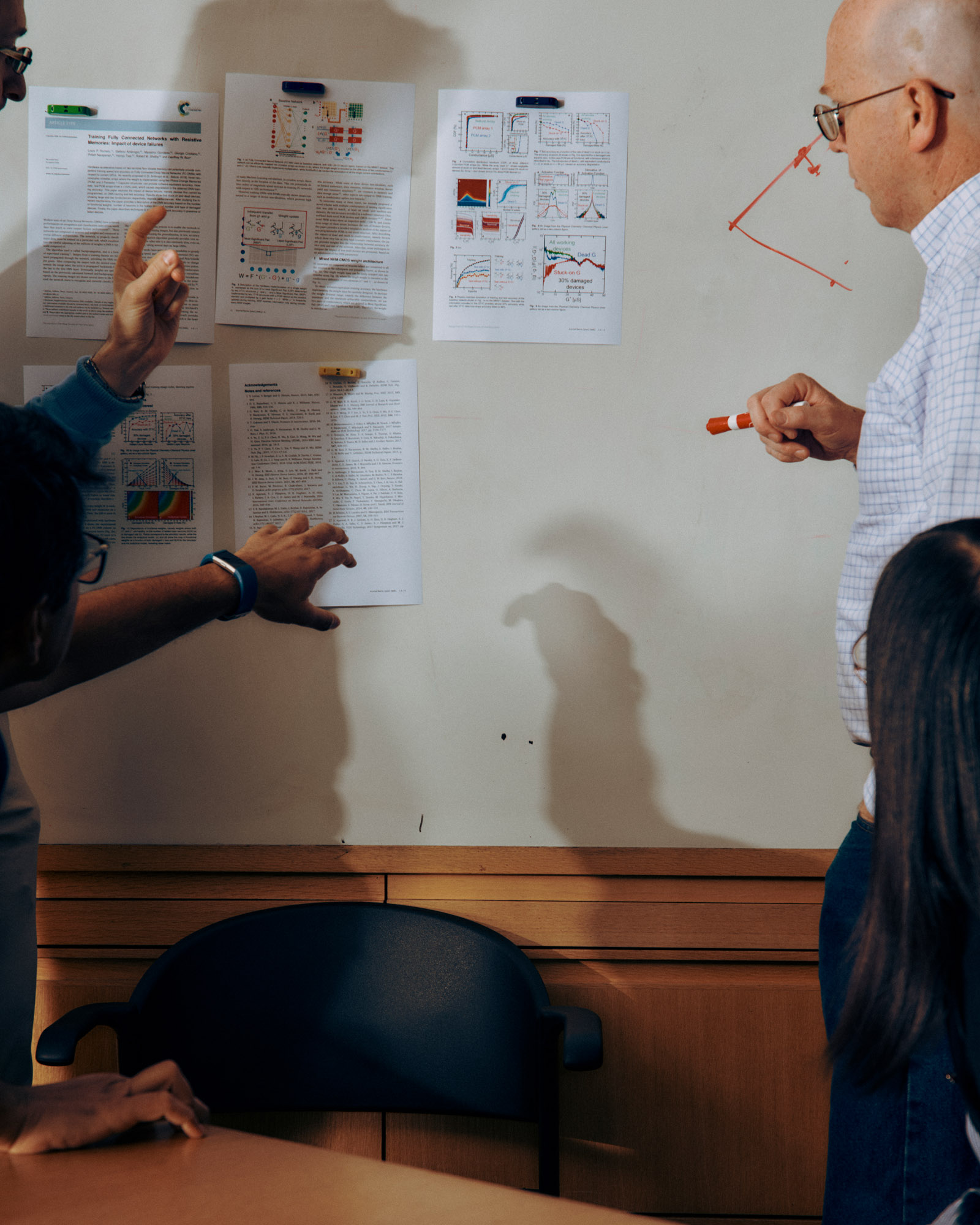 A group of people is engaged in a discussion in a meeting room. One person gestures towards various research papers pinned to the wall, while another holds a red marker. A blue chair and part of a wooden table are visible in the foreground, with a shadow cast on the wall by one of the participants. The pinned-up papers contain charts and graphs.