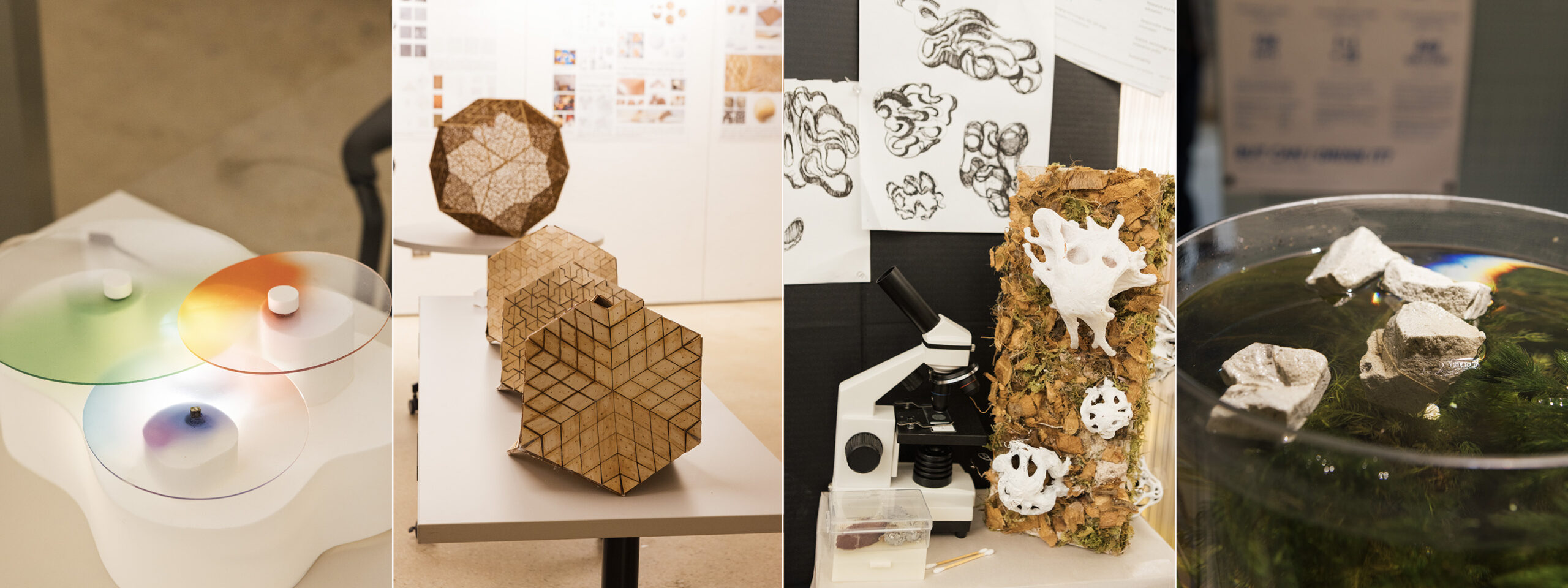 The image shows a collection of design and research projects. The first section features colorful transparent disks overlapping on a light base. Next, there are geometric wooden models displayed on a table, with intricate patterns and designs. Additionally, a microscope is positioned next to a textured display featuring organic shapes. Finally, a transparent container holds rocks floating on water with green plant life visible beneath the surface.