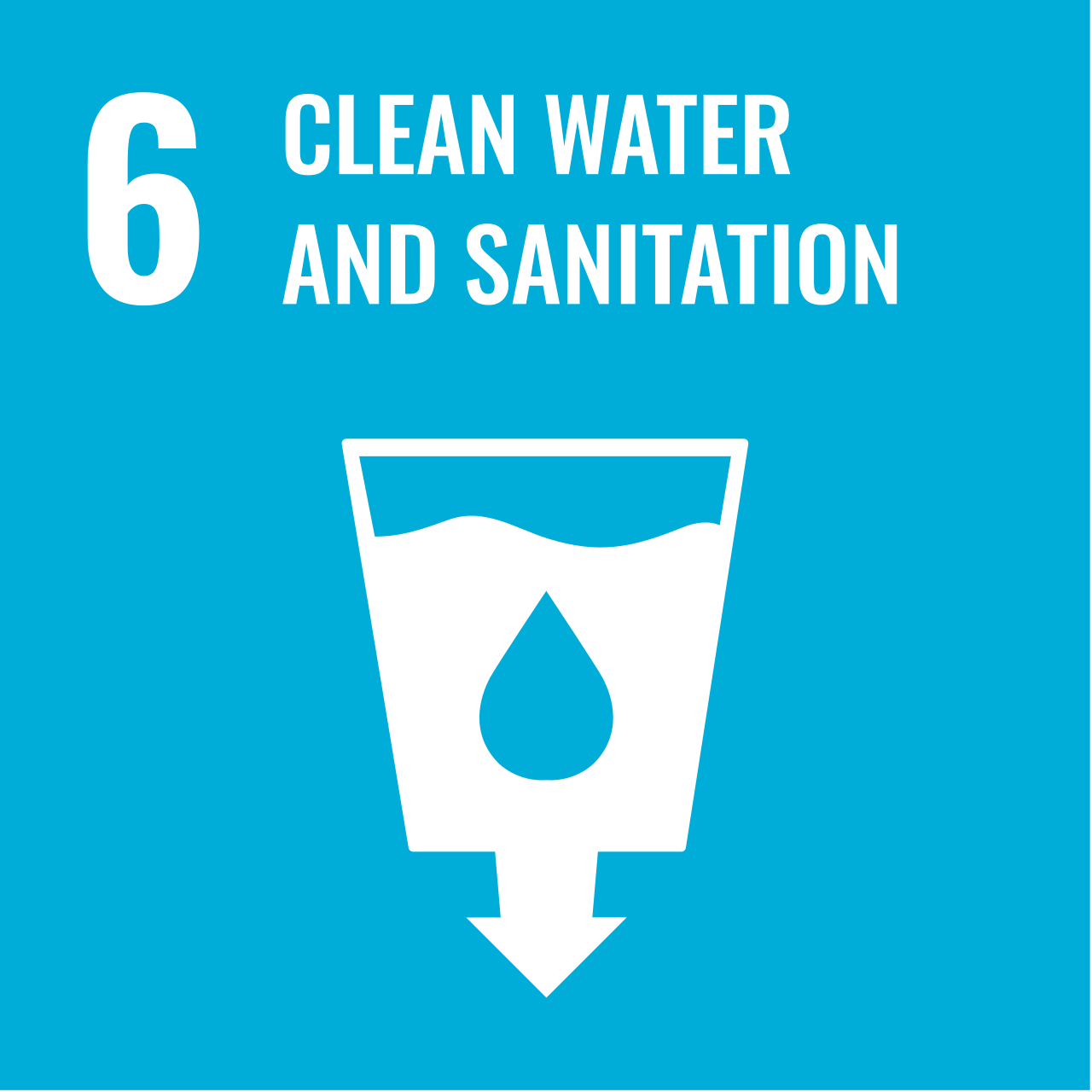 A blue graphic displaying the number "6" at the top, with the phrase "CLEAN WATER AND SANITATION" beneath it. Below, there is an illustration of a glass of water with a drop shape inside, indicating clean water. A downward arrow extends from the glass, emphasizing the flow of water.