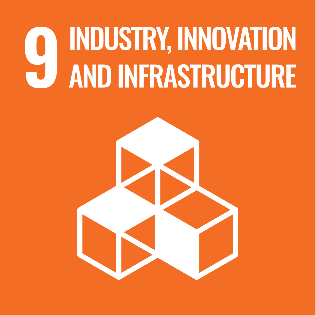 An orange background with the number "9" prominently displayed at the top, followed by the text "INDUSTRY, INNOVATION AND INFRASTRUCTURE" in white. Below, three stylized white cubes are arranged in a stacked formation.