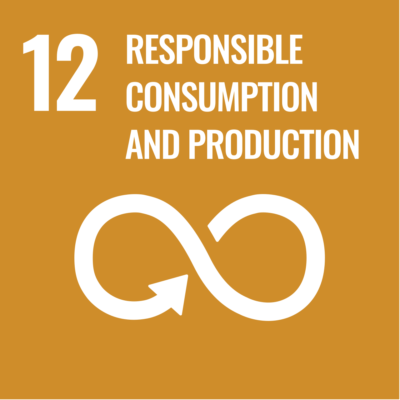 The image features a bold, white infinity symbol, indicating sustainable practices, on a warm orange background. Above the symbol, the number "12" is displayed prominently, accompanied by the text "RESPONSIBLE CONSUMPTION AND PRODUCTION." This represents one of the United Nations Sustainable Development Goals focused on promoting sustainable practices in consumption and production.