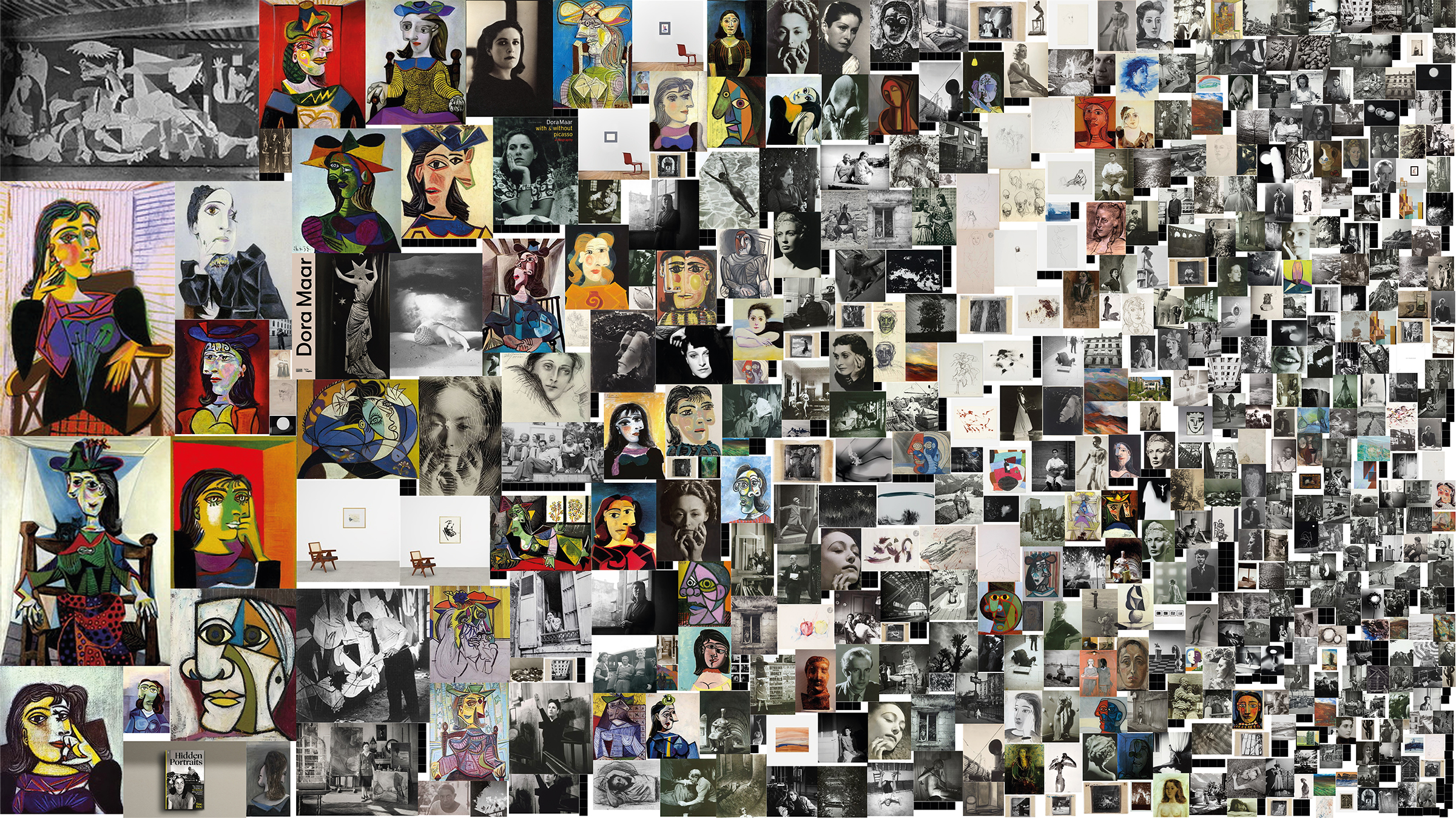 A collage composed of numerous images, primarily featuring various artworks and photographs. The central focus includes multiple portraits, notably stylized pieces, some seemingly depicting a woman, likely referencing artistic themes. The background includes both black-and-white and color images, with a mix of abstract and realistic styles. There are also visible elements like sketches and various artistic interpretations, showcasing a range of creative expressions and historical art influences.