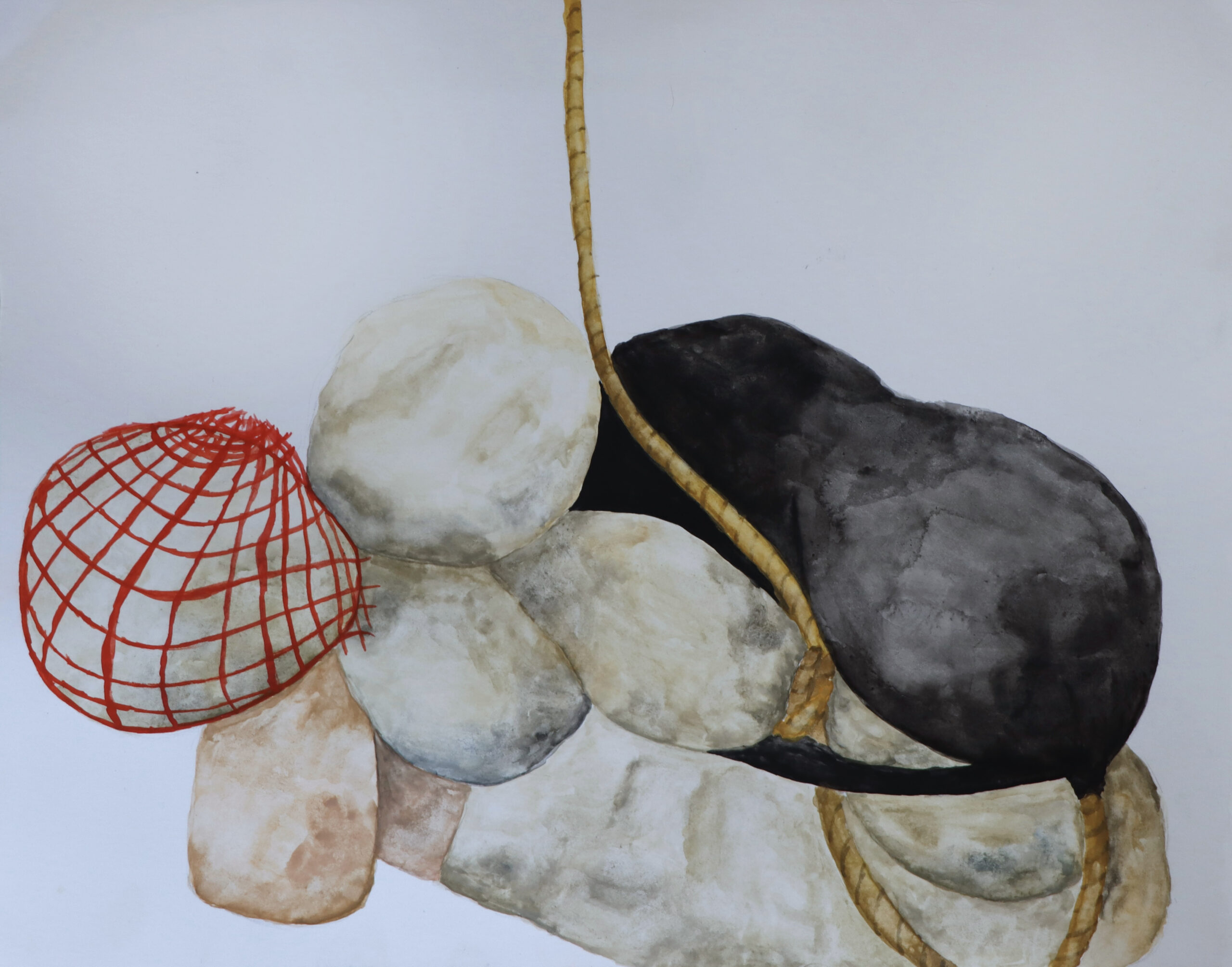 An abstract watercolor painting featuring a stack of variously shaped stones in soft earth tones. A dark black rock is positioned at the top right, while lighter stones form the base. A brown rope is intertwined among the rocks, and a red net, shaped like a dome, is placed to the left, adding contrast to the composition. The background is plain white, highlighting the natural forms of the stones and the net.