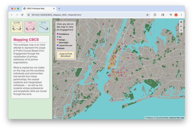 A digital map of New York City, featuring various colored markers indicating locations related to civic engagement. On the left side, there is a navigation panel with options for viewing different engagement categories: Architecture, Design, Information, and Urban Arts and Sciences. The overall layout is designed to facilitate interaction, encouraging users to click on dots to view detailed information about each engagement. The map has a light color scheme with water bodies clearly visible.