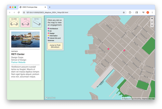 A web interface displaying a prototype map with sections labeled "GLobe," "U.S.," and "N.Y.C." On the left, there is information about the RETI Center, including a link to the partner website and a brief description in Latin. The map shows a section of a waterfront area with two pink dots indicating selectable locations, alongside various labeled streets and a green area.