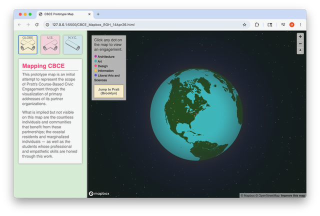 A digital prototype map displays a 3D view of the Earth, highlighting locations in North America, particularly around New York City. On the left, there is information about the project, including a navigation menu with options like "Architecture," "Design," "Information," and "Liberal Arts and Sciences." The map indicates user interaction for engaging with various projects related to civic engagement, emphasizing the community partnerships involved. A button labeled "Jump to Pratt (Brooklyn)" is also visible.