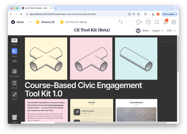 A digital interface displaying a "CE Tool Kit (Beta)" page. The top section shows a navigation menu, and beneath it, there are colorful graphic icons: two intersecting pipes on a pink background, one light blue pipe on a blue background, and one grey pipe. Below the graphics, there's a title "Course-Based Civic Engagement Tool Kit 1.0" with an introductory text discussing the resource's purpose. The layout features options for sharing, exporting, and adjusting zoom levels on the side.