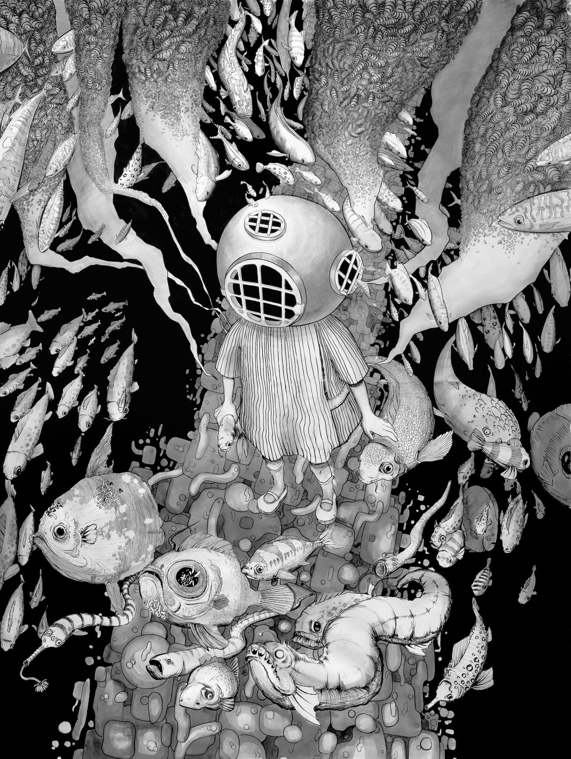 A whimsical black-and-white illustration features a child wearing a vintage diving suit, standing on a colorful underwater floor. Surrounding the child are various cartoonish fish and sea creatures, some with exaggerated features. The background is filled with flowing abstract shapes resembling seaweed and bubbles, creating an underwater environment filled with movement and depth.