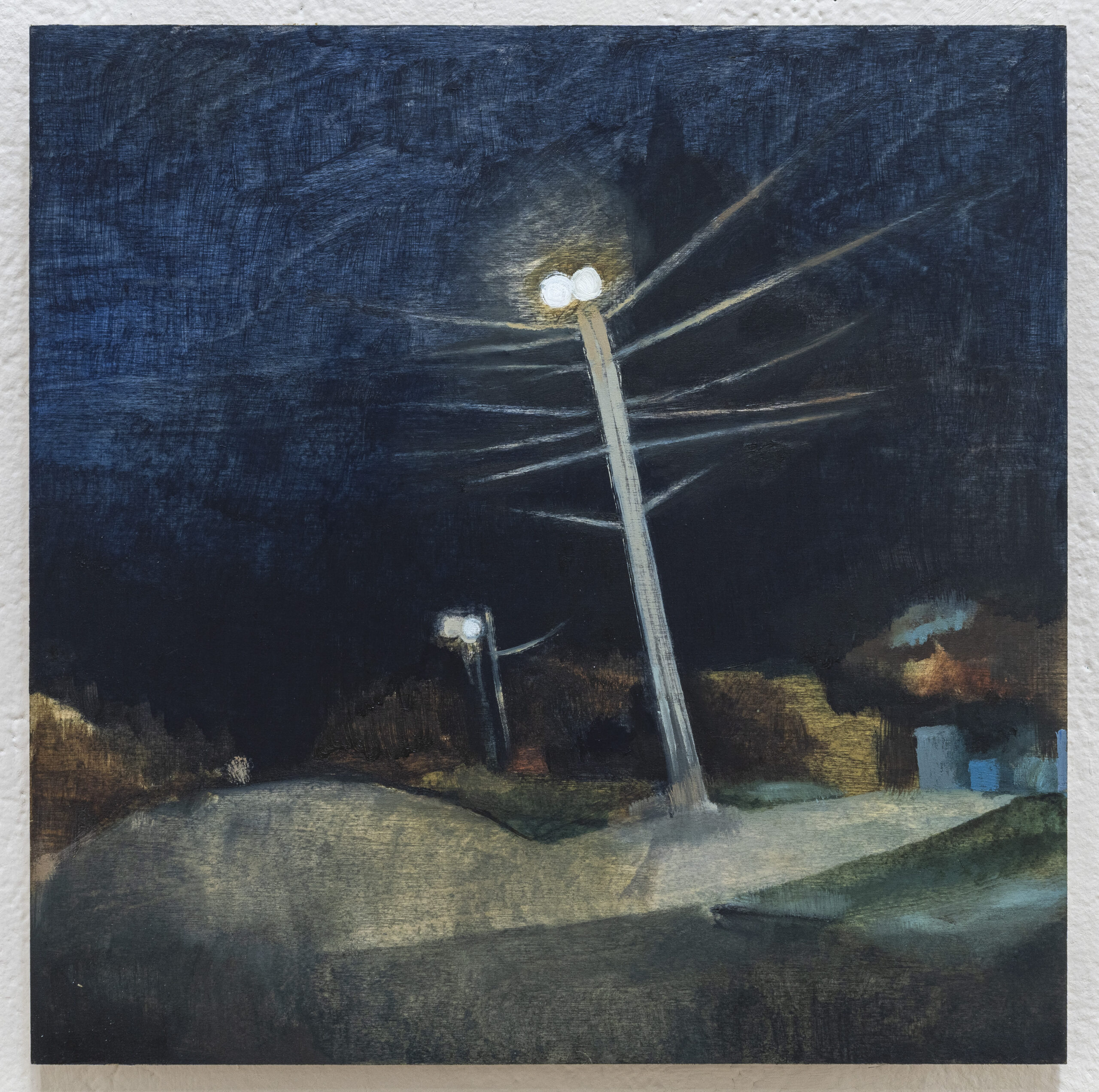 A dark, moody painting depicting a nighttime scene. Two streetlights emit a soft glow, illuminating a curved road below. In the background, blurred outlines of trees and buildings create a sense of depth, while rich shades of blue and muted colors add to the atmospheric quality of the artwork.