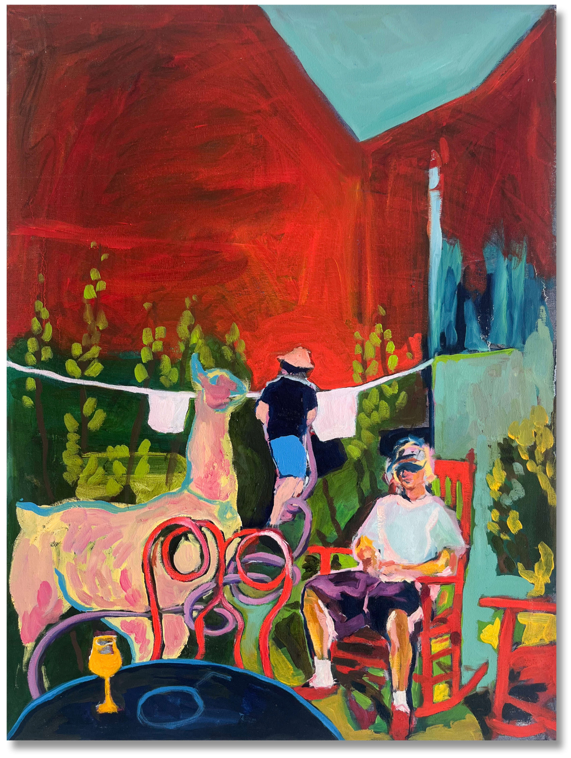 A vibrant, abstract painting featuring a pink llama in the foreground, with a person in a chair and another figure hanging laundry in the background. The scene is set against a deep red backdrop with green foliage. Bright colors dominate, including greens, blues, and pinks, creating an energetic atmosphere. A table with a yellow drink sits in the foreground, enhancing the playful, relaxed vibe of the setting.