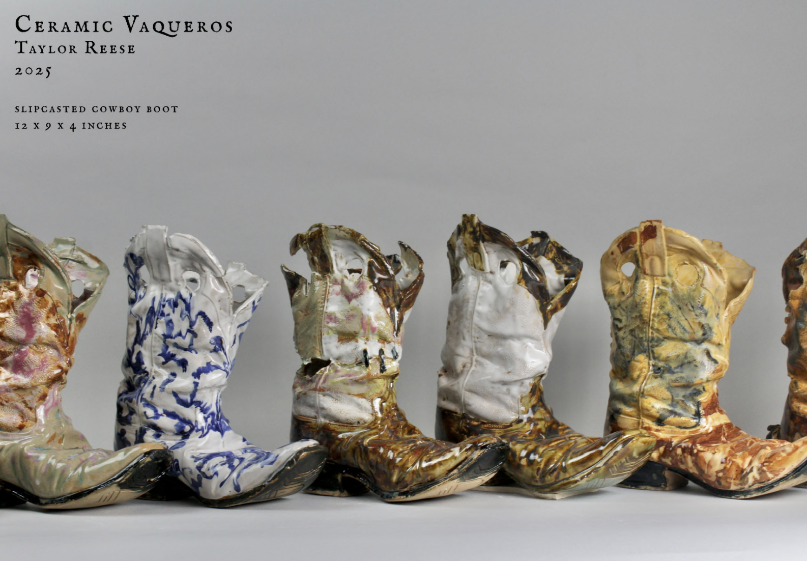 A row of ceramic cowboy boots in various colors and patterns, featuring detailed textures and glazes. The boots have visible wear and tear, with some having torn tops and different painted designs. They are displayed against a plain gray background, highlighting their artistic and unique craftsmanship.
