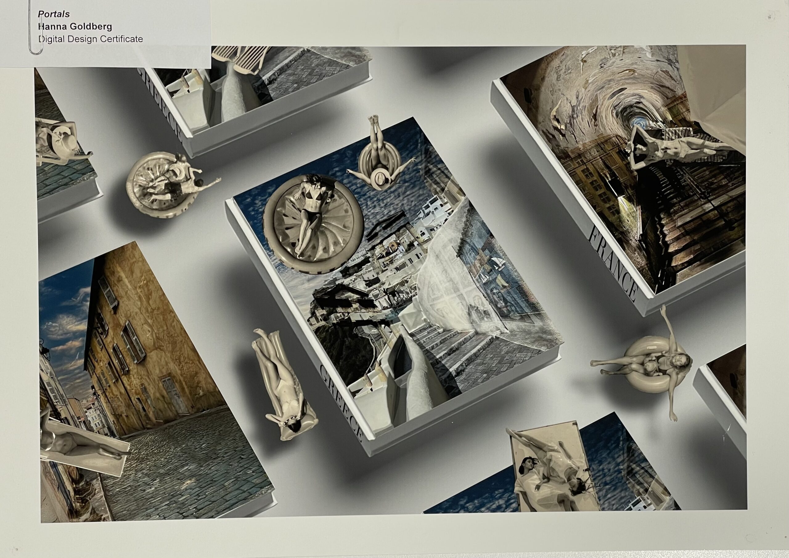 A collection of art books is displayed at an angle, showcasing various covers featuring artistic images of architecture and landscapes. Several small, light-colored figurines are arranged around the books, depicting human forms in various poses. The book titles are partially visible, indicating themes related to different locations. The background is neutral, emphasizing the artworks and sculptures. A label in the corner identifies the work as "Portals" by Hanna Goldberg, relating to a digital design certificate.
