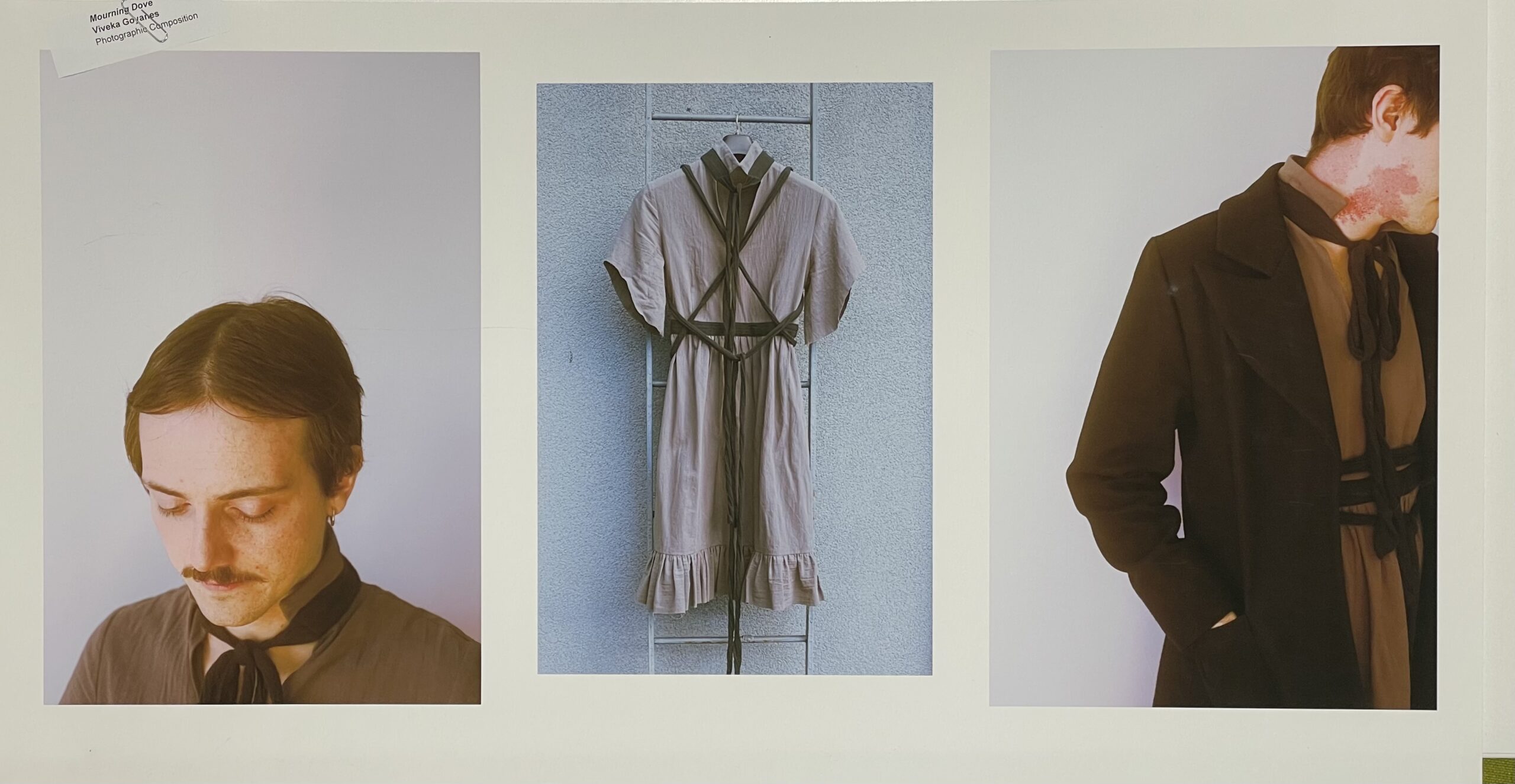 The image consists of three panels. The left panel shows a person with short hair and a mustache, looking down, wearing a dark shirt with a necktie. The center panel features a light-colored dress hanging on a rack, showcasing its unique design with straps and a ruffled hem. The right panel depicts the same person from the side, wearing a dark coat over a lighter shirt with a similar necktie.